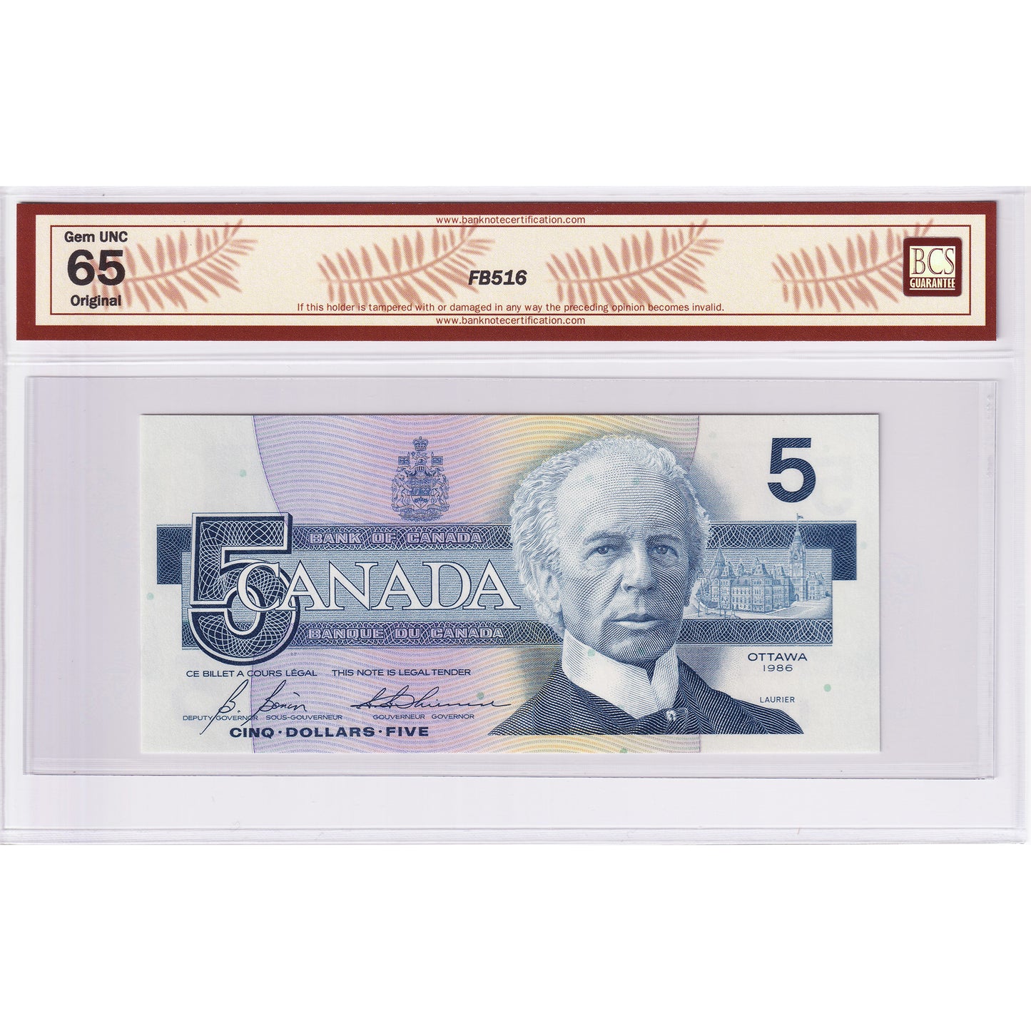 BC-56c 1986 Canada $5 Bonin-Thiessen, GOJ BCS Certified GUNC65 Original