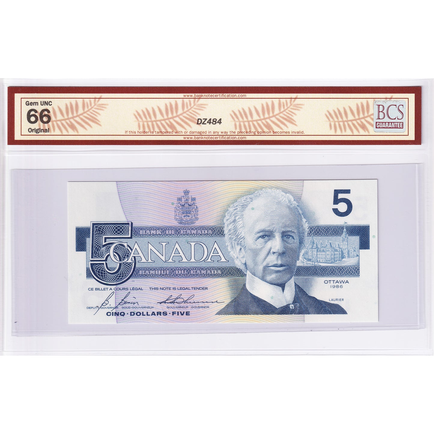BC-56c 1986 Canada $5 Bonin-Thiessen, GOV BCS Certified GUNC66 Original