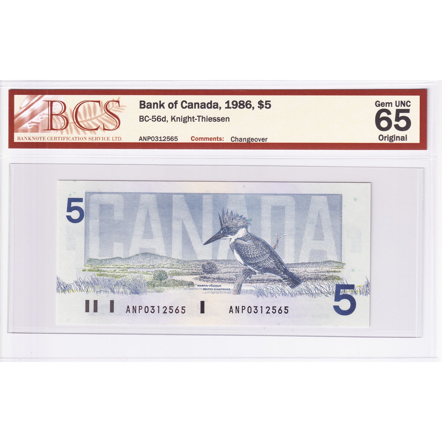 BC-56d 1986 Canada $5 Knight-Thiessen, Changeover, ANP BCS Certified GUNC-65 Original