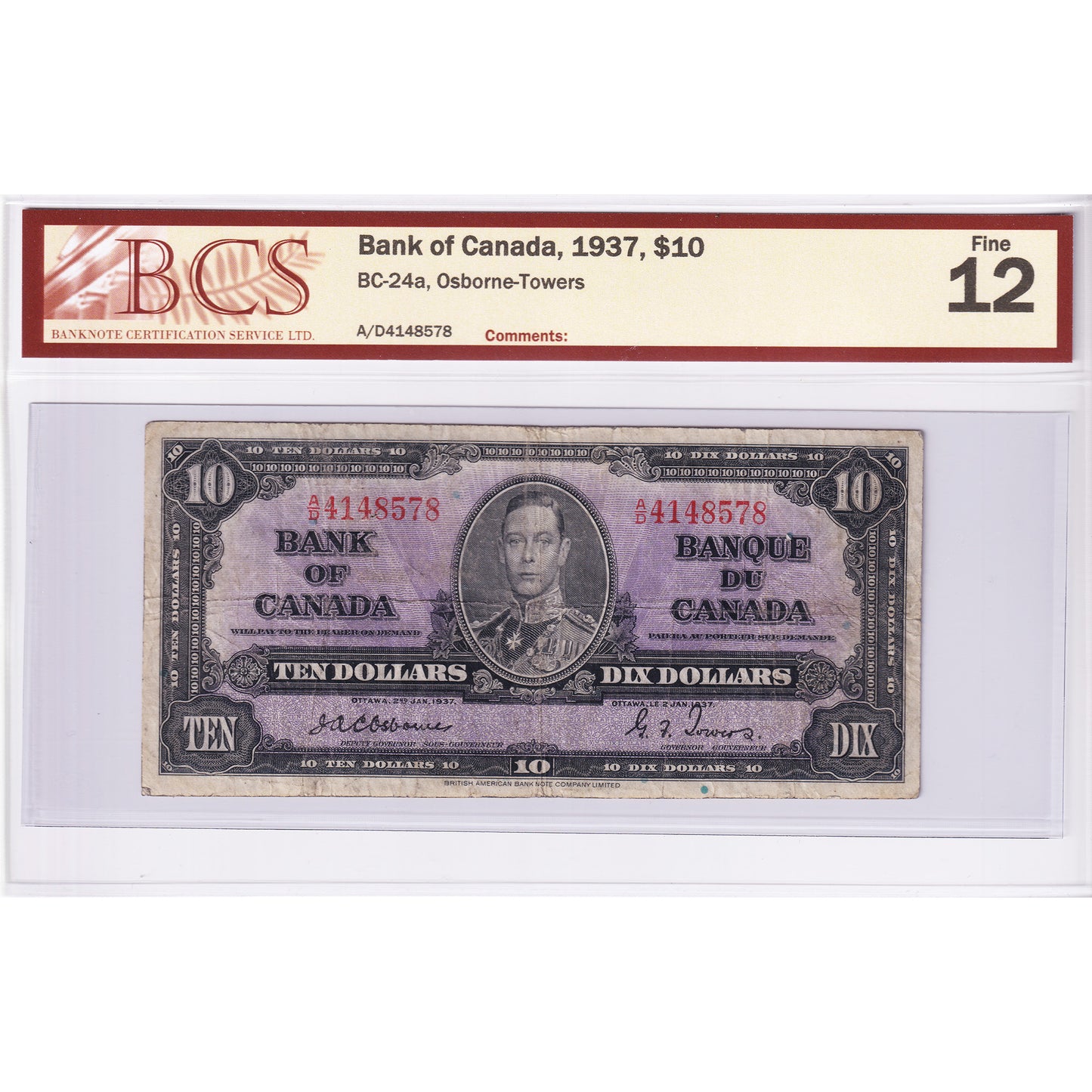 BC-24a 1937 Canada $10 Osborne-Towers, A/D, BCS Certified F12