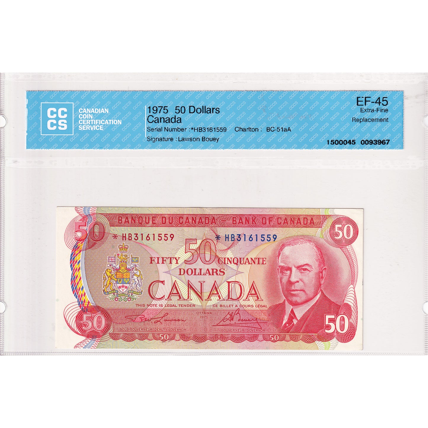BC-51aA 1975 Canada $50 Lawson-Bouey, Replacement, *HB CCCS Certified EF45