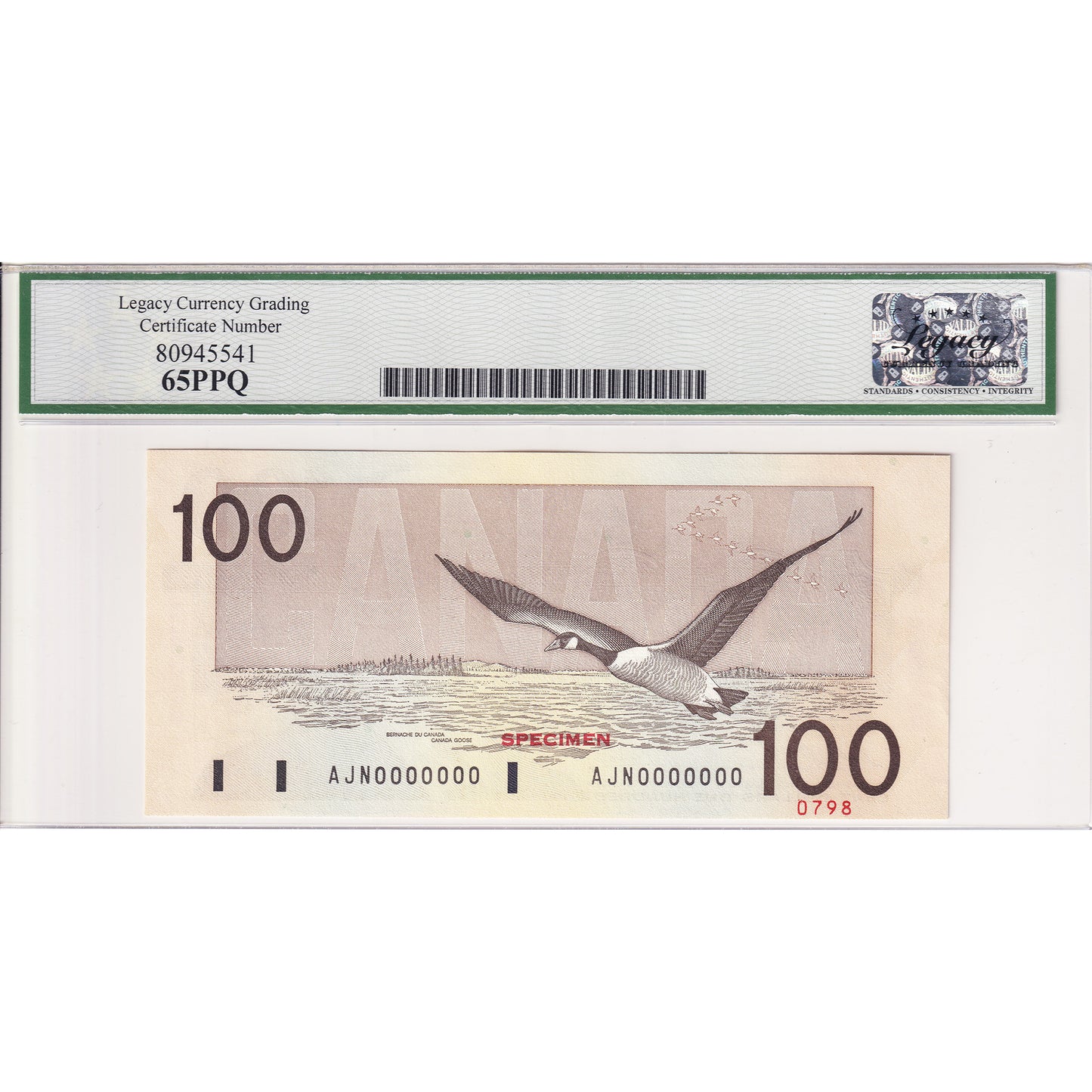 BC-60aS 1988 Canada $100 Thiessen-Crow, Specimen 0798, AJN Legacy Certified GUNC-65 PPQ