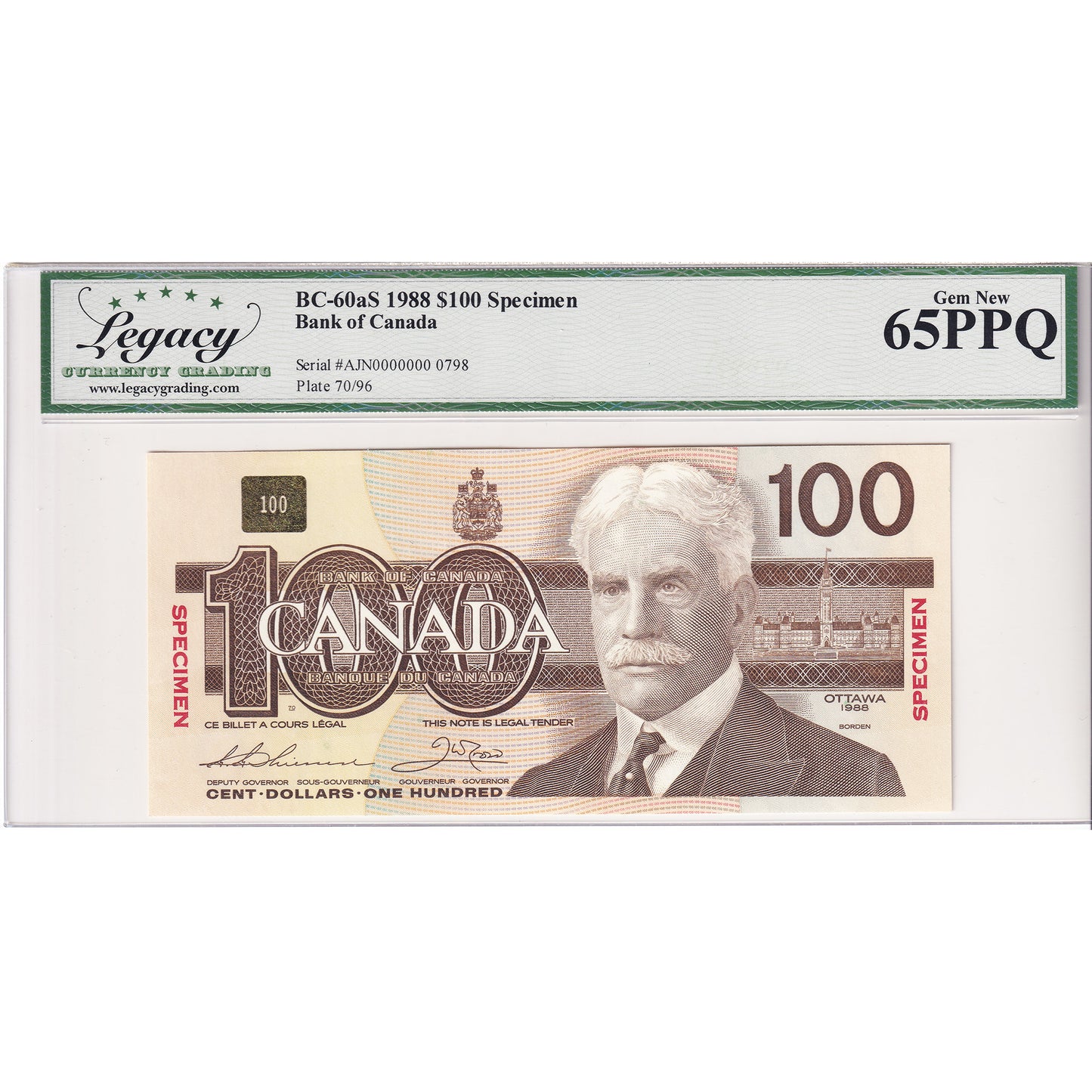 BC-60aS 1988 Canada $100 Thiessen-Crow, Specimen 0798, AJN Legacy Certified GUNC-65 PPQ