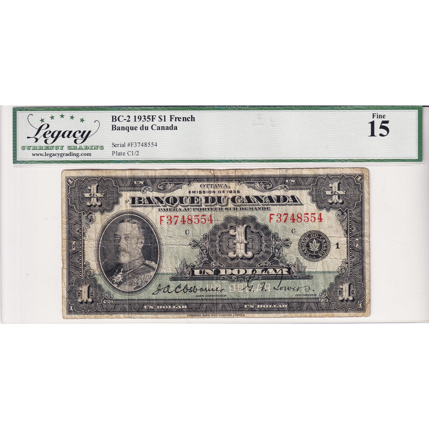 BC-2 1935 Canada $1 Osborne-Towers, French, Check Letter C Legacy Certified F15