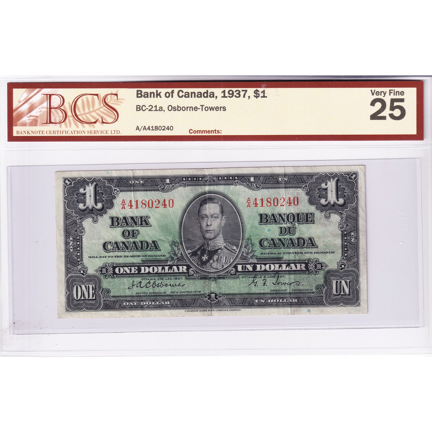 BC-21a 1937 Canada $1 Osborne-Towers, A/A BCS Certified VF25