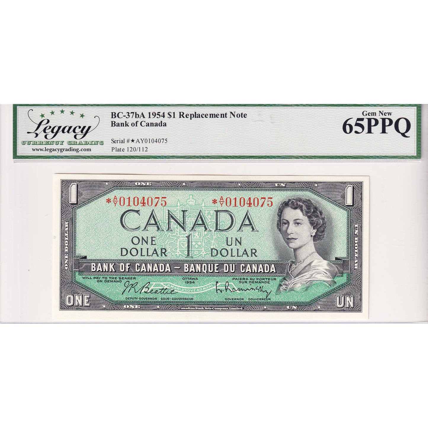 BC-37bA 1954 Canada $1 Beattie-Rasminsky, Replacement, *A/Y Legacy Certified GUNC65 PPQ