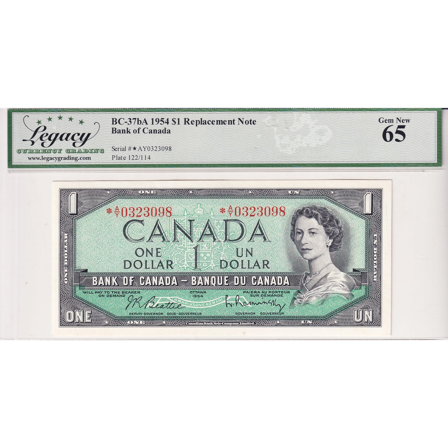 BC-37bA 1954 Canada $1 Beattie-Rasminsky, Replacement, *A/Y Legacy Certified GUNC65