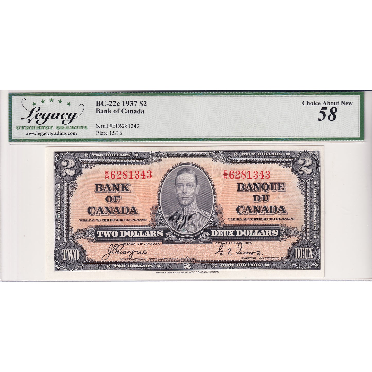 BC-22c 1937 Canada $2 Coyne-Towers, E/R Legacy Certified AU-58