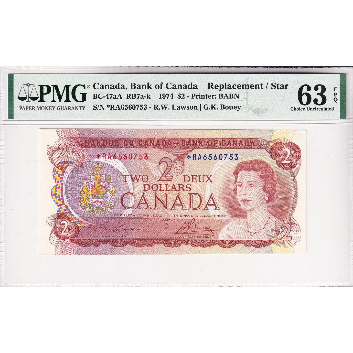 BC-47aA 1974 Canada $2 Lawson-Bouey, 2 Letter, Replacement, *RA PMG Cert. CUNC63 EPQ