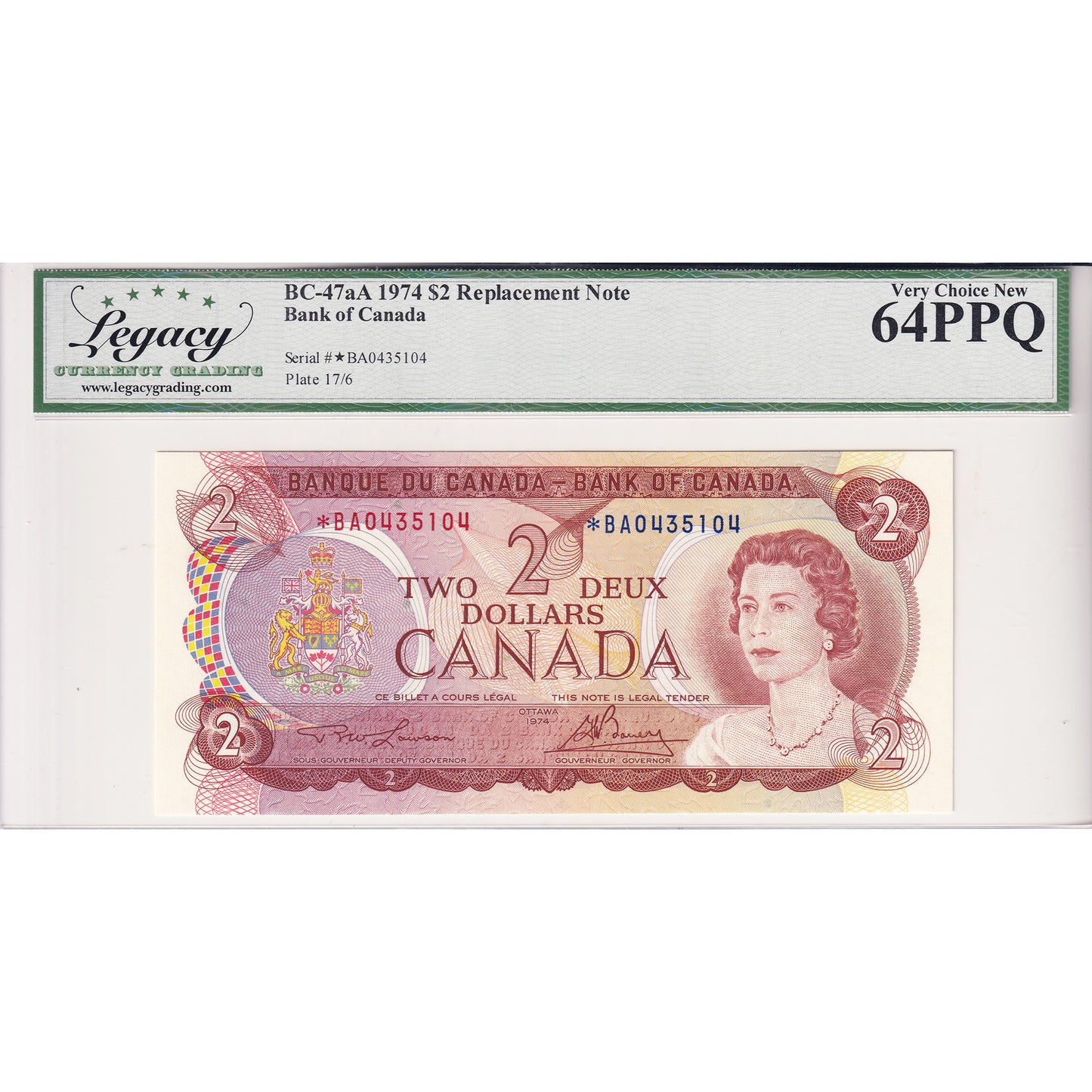 BC-47aA 1974 Canada $2 Lawson-Bouey, 2 Letter, Replacement, *BA Legacy Cert. CUNC64 PPQ