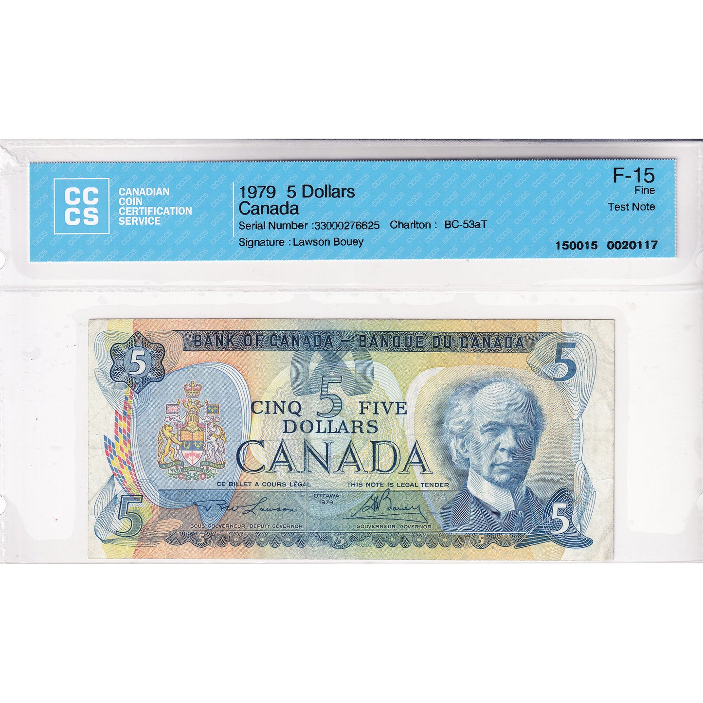 BC-53aT 1979 Canada $5 Lawson-Bouey, Test Note, 300 CCCS Certified F15