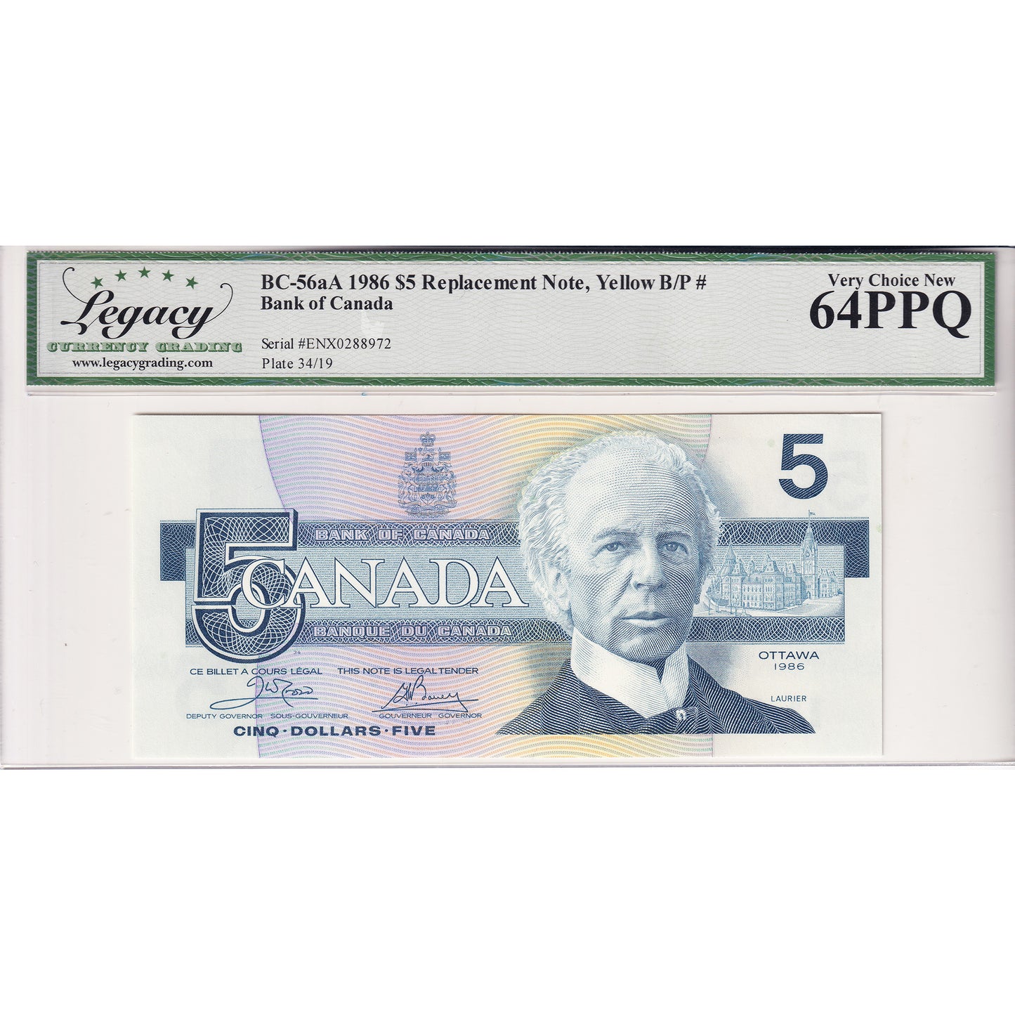 BC-56aA 1986 Canada $5 Crow-Bouey, Replacement, ENX w/ YBPN Legacy Certified CUNC64 PPQ