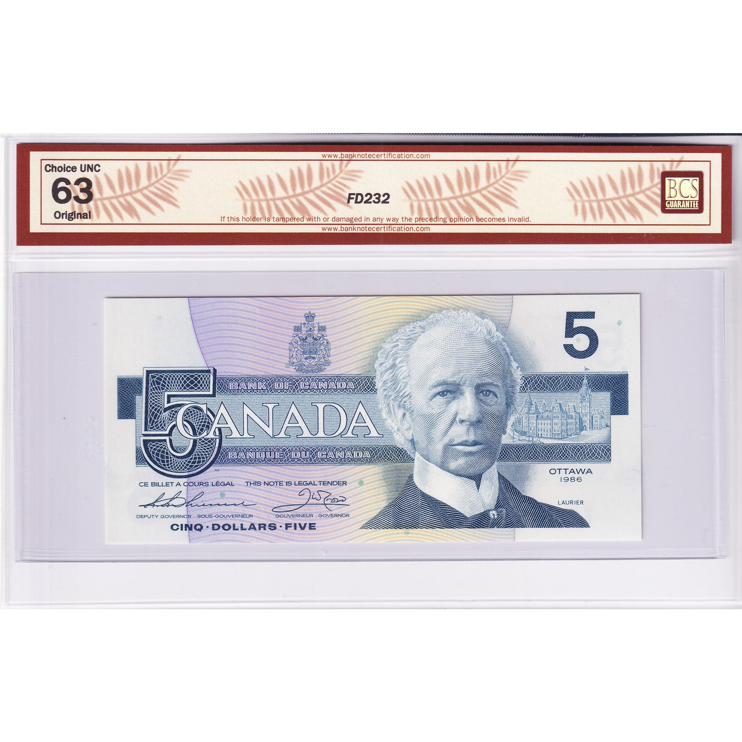 BC-56b-N1-iii 1986 Canada $5 T-C, 3 Digit RADAR GNH2775772 BCS Certified CUNC63 Original