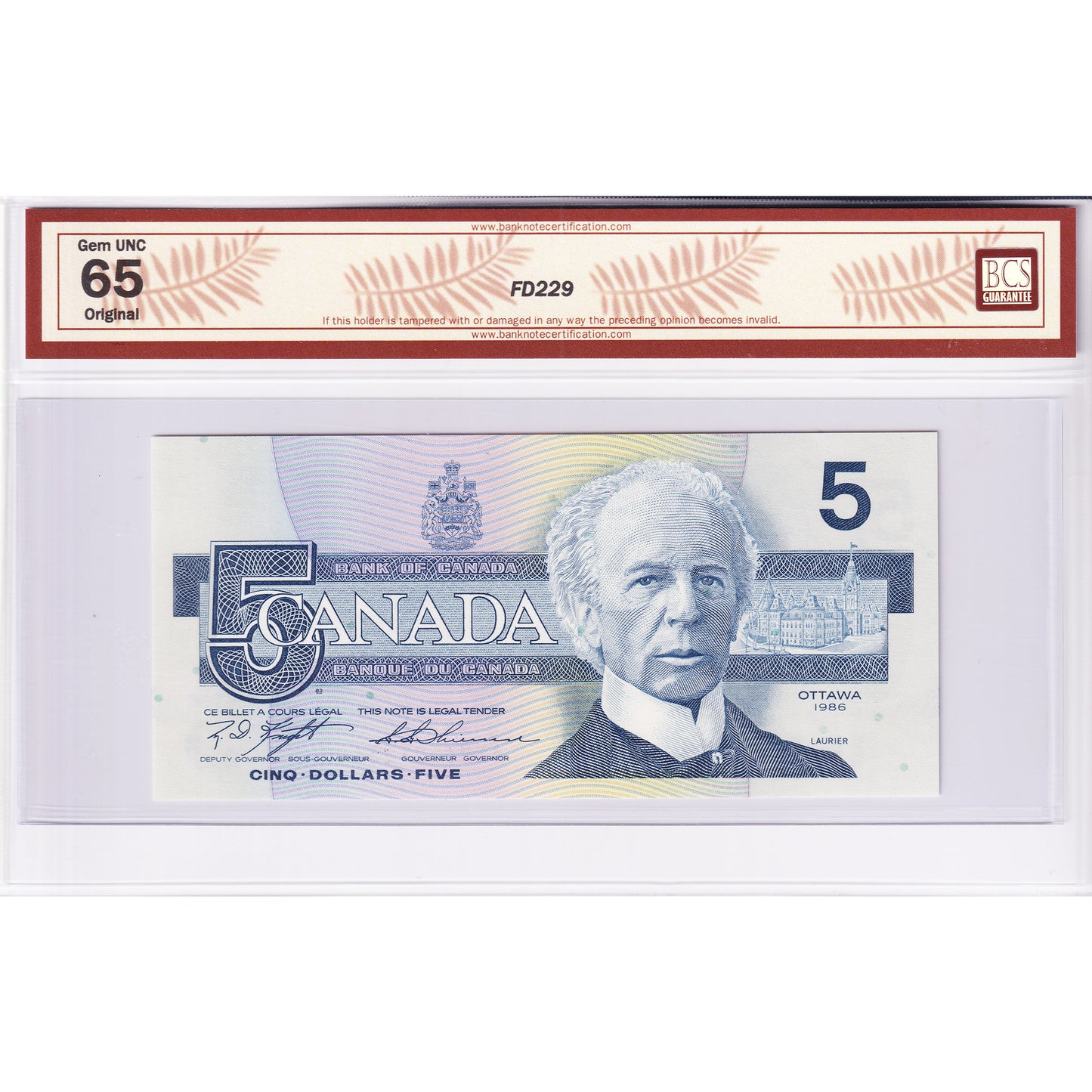 BC-56d-N1-iii 1986 Canada $5 K-N, 4 Digit RADAR ANM6521256 BCS Certified GUNC65 Original