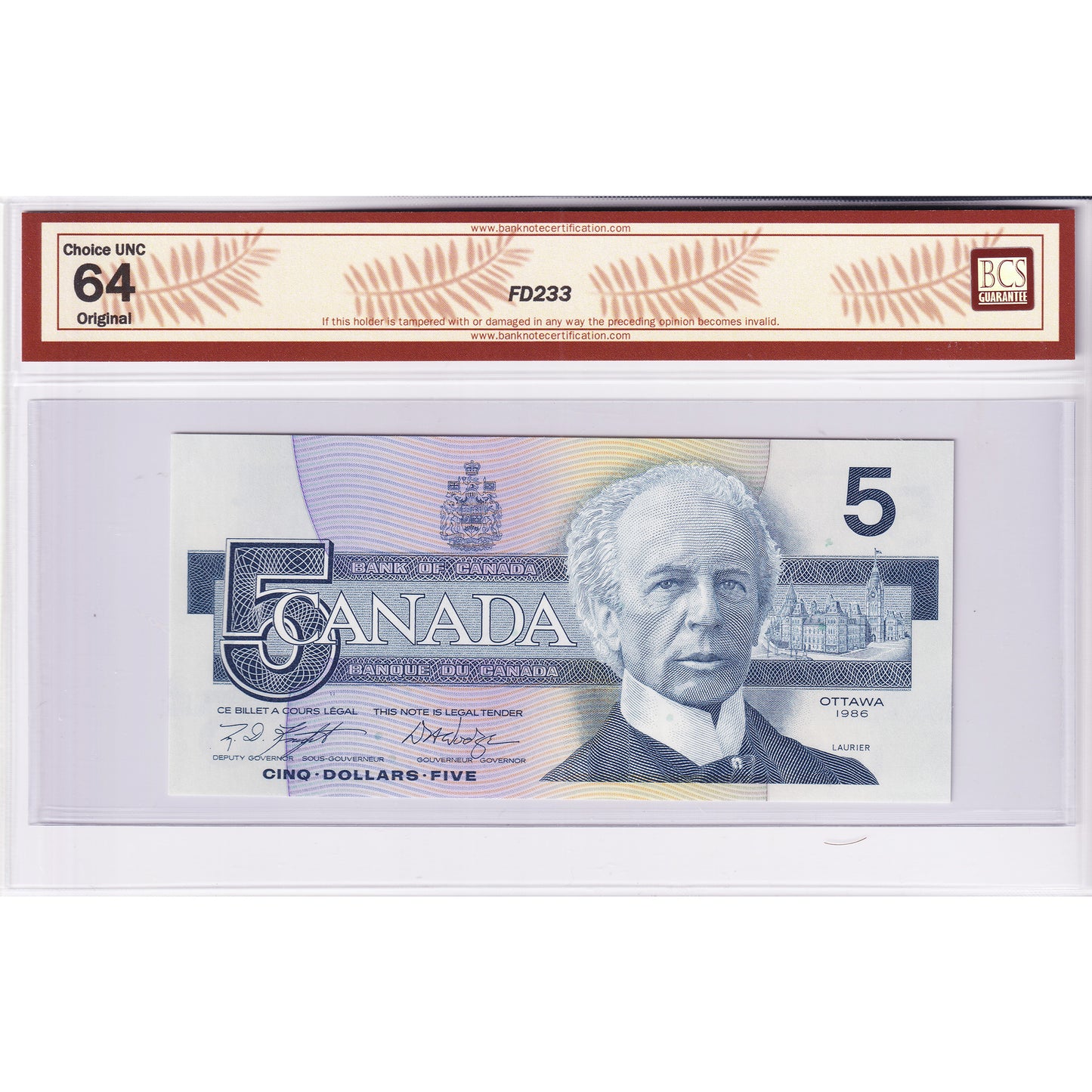 BC-56e-N1-iii 1986 Canada $5 K-D, 3 Digit RADAR GPY6653566 BCS Certified CUNC64 Original