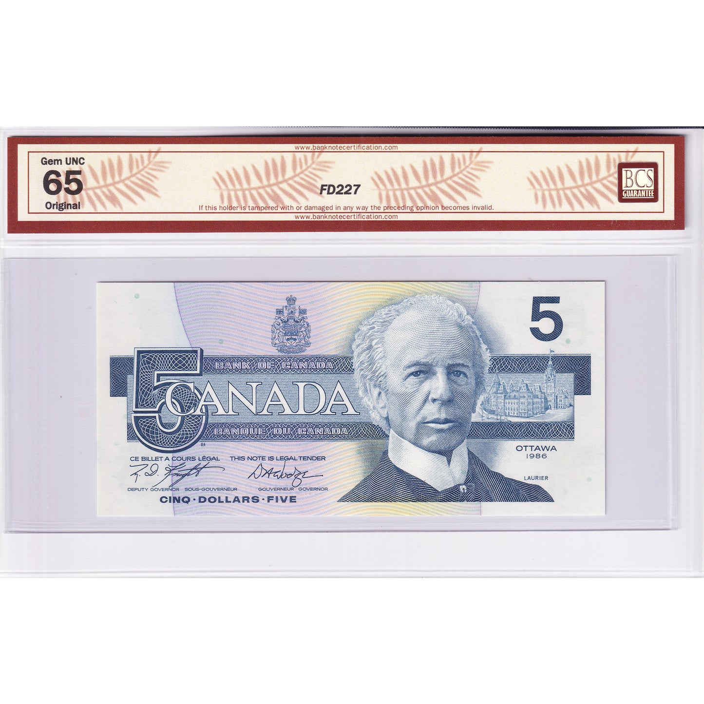 BC-56e-i-N1-iii 1986 Canada $5 K-D, 4 Digit RADAR ANS3805083 BCS Cert. GUNC65 Original