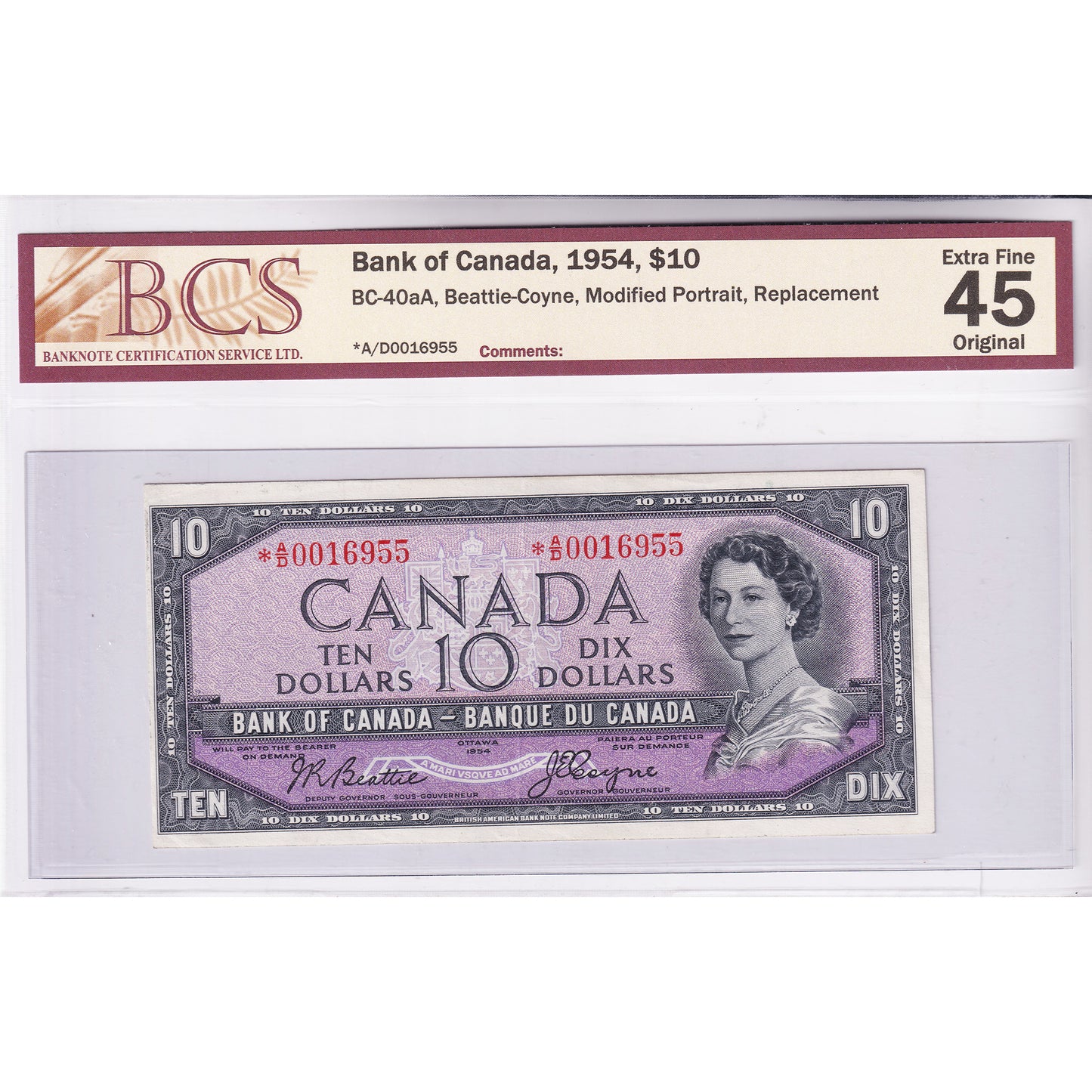 BC-40aA 1954 Canada $10 Beattie-Coyne, Modified, Replacement, *A/D BCS Cert. EF45 Orig.