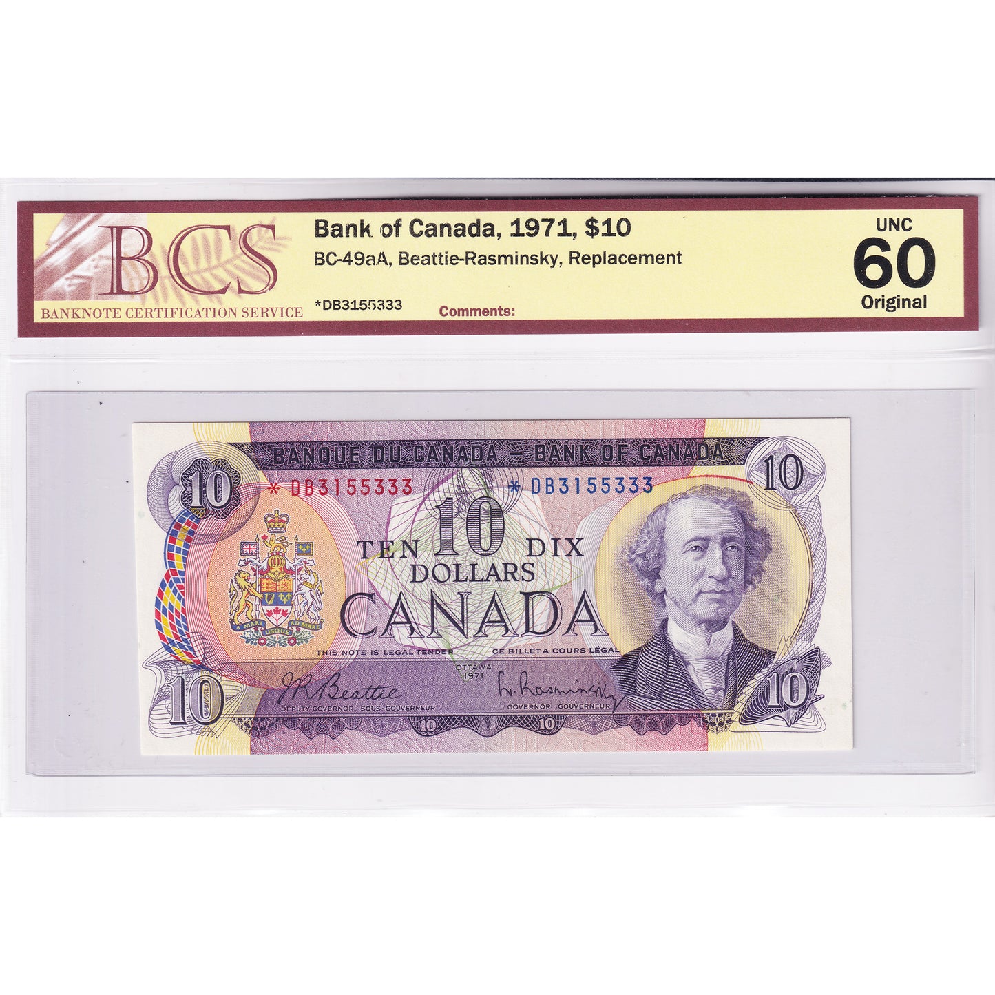 BC-49aA 1971 Canada $10 Beattie-Rasminsky, Replacement, *DB BCS Certified UNC60 Original