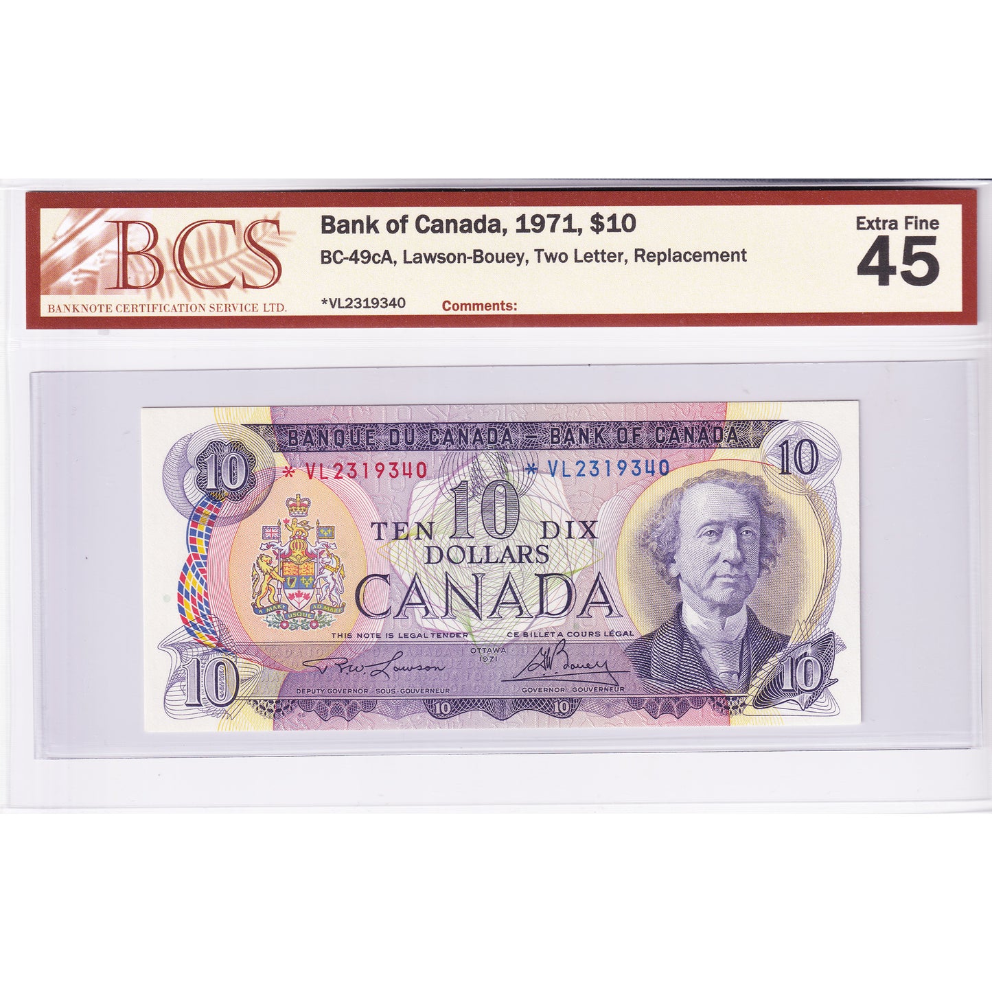BC-49cA 1971 Canada $10 Lawson-Bouey, Two Letter, Replacement, *VL BCS Certified EF45