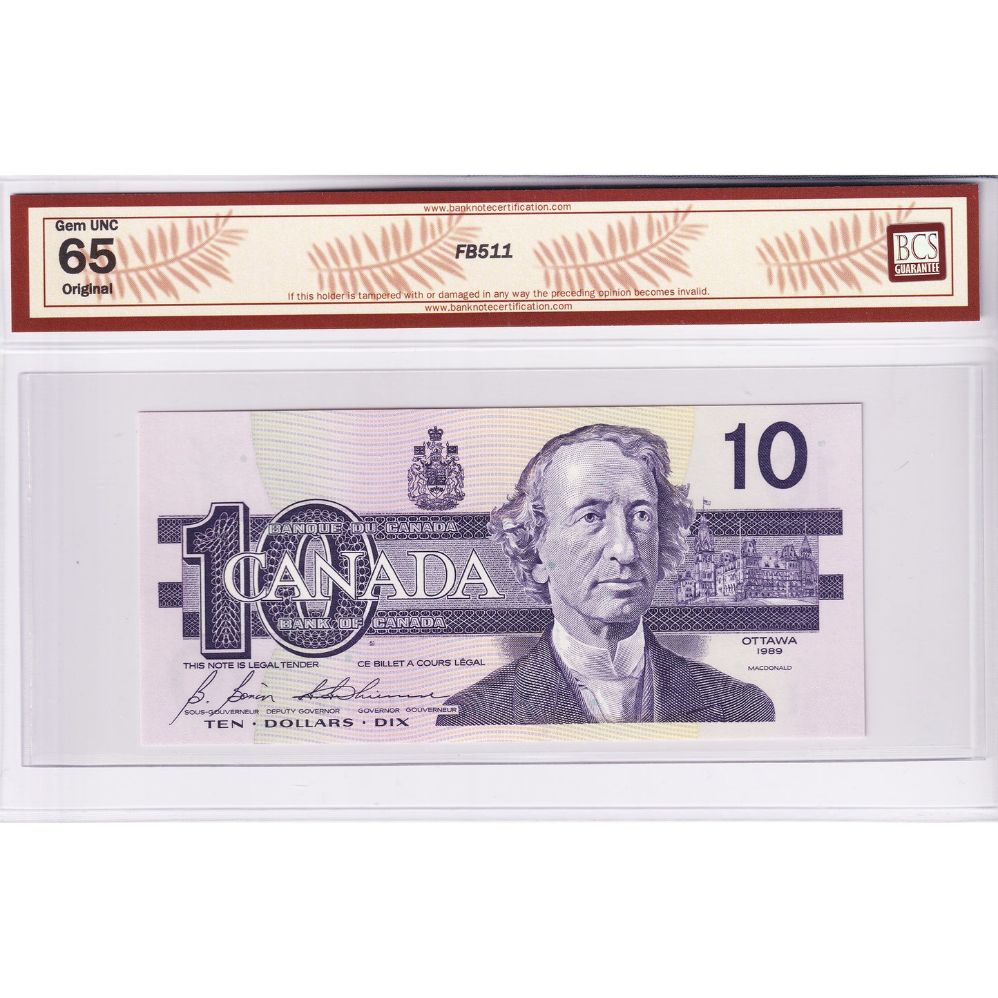BC-57b 1989 Canada $10 Bonin-Thiessen, BDT BCS Certified GUNC65 Original