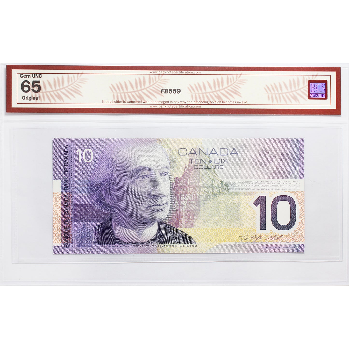 BC-63a 2001 Canada $10 Knight-Thiessen, Printed in 2000, FDT BCS Cert. GUNC65 Original