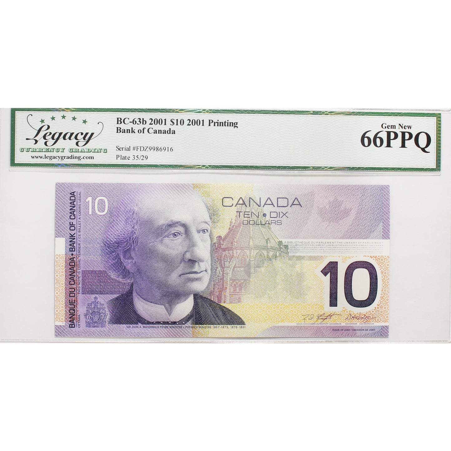 BC-63b 2001 Canada $10 Knight-Dodge, Printed in 2001, FDZ Legacy Certified GUNC66 PPQ
