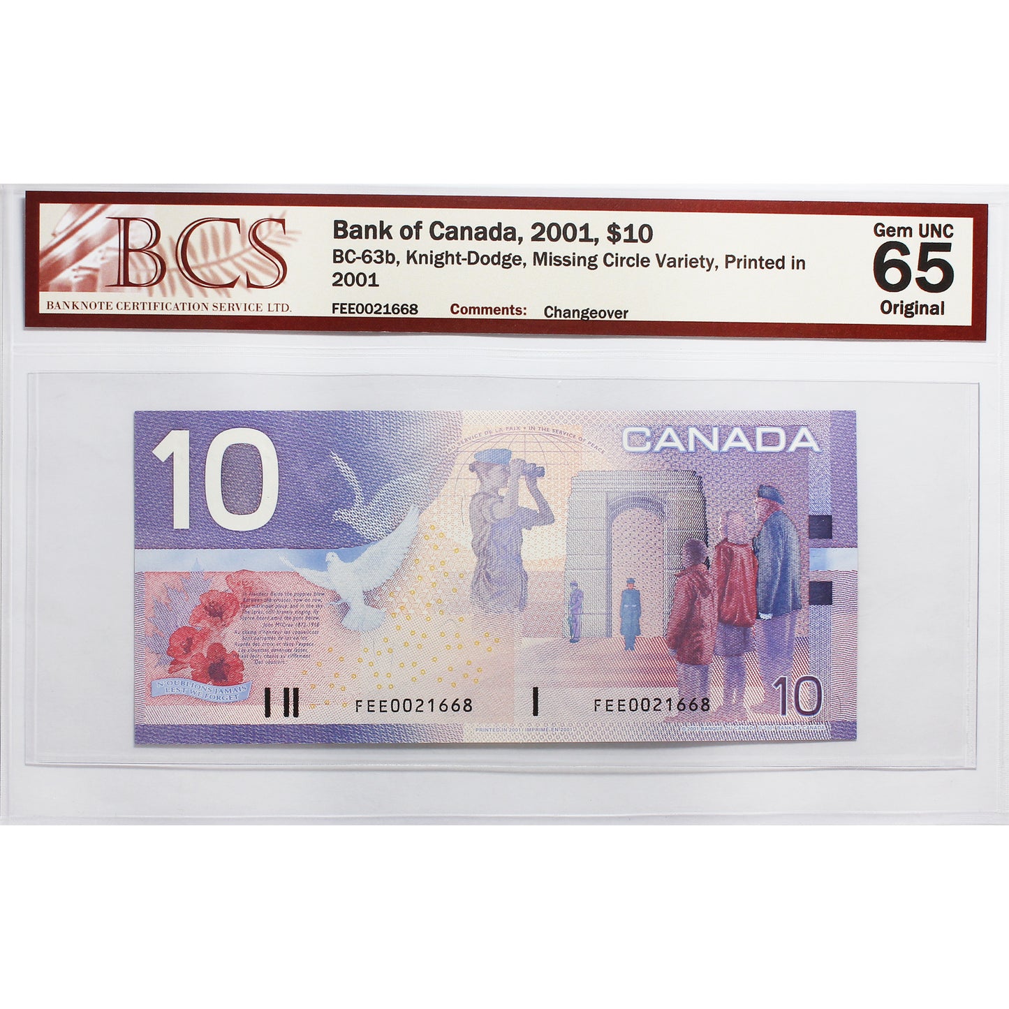 BC-63b 2001 Canada $10 K-D, Missing Circle, Changeover, FEE BCS Certified GUNC65 Orig.