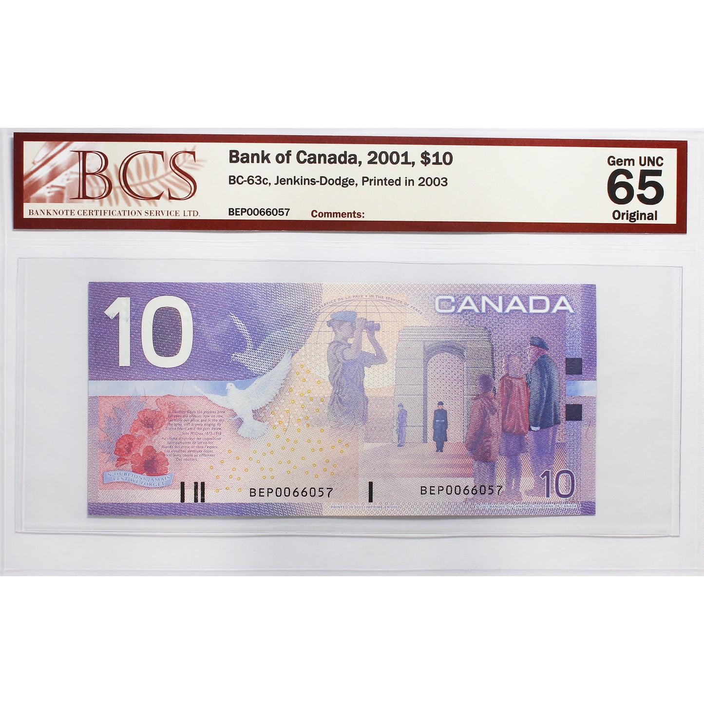 BC-63c 2001 Canada $10 Jenkins-Dodge, Printed in 2003, BEP BCS Certified GUNC65 Original