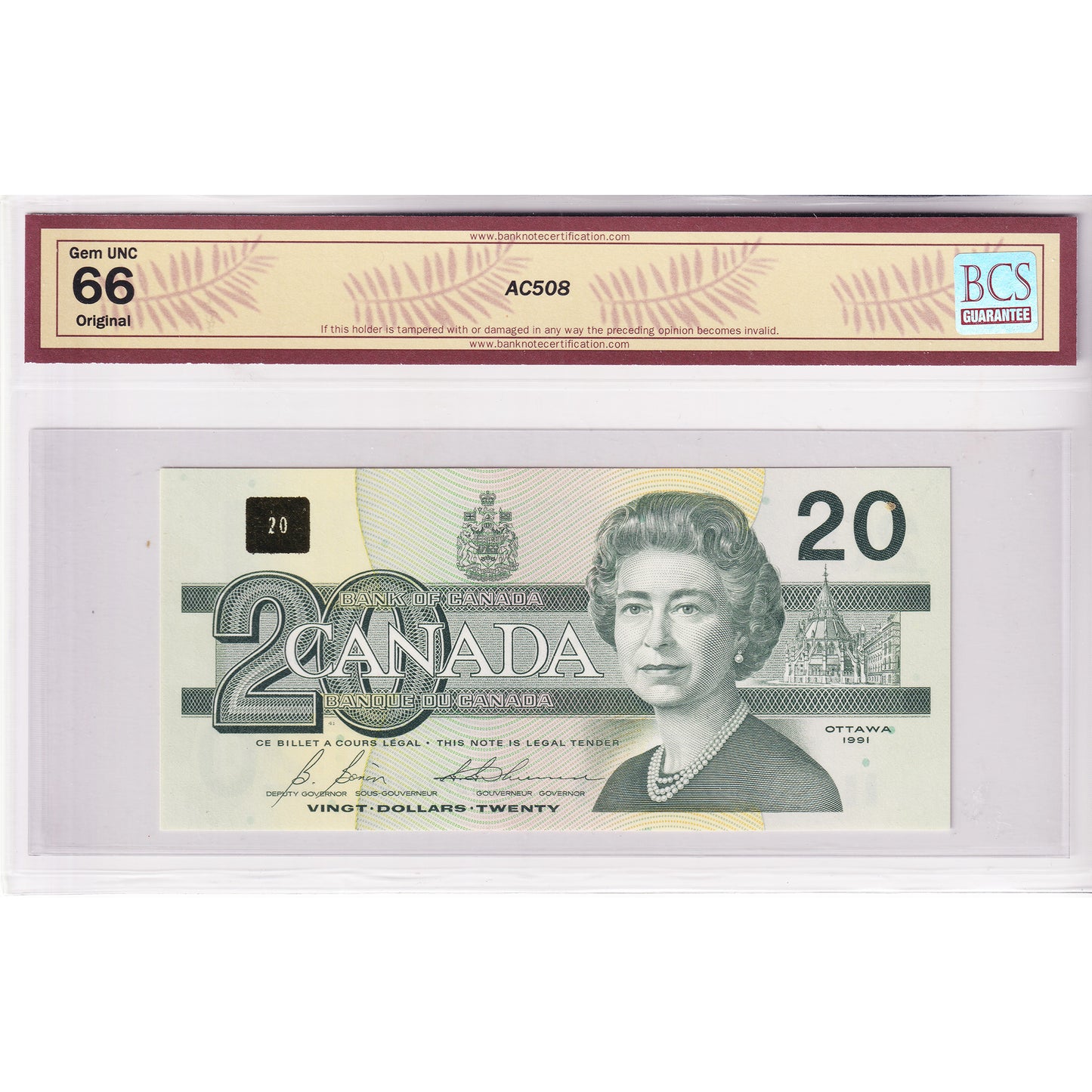 BC-58b 1991 Canada $20 Bonin-Thiessen, ESR, BCS Certified GUNC66 Original