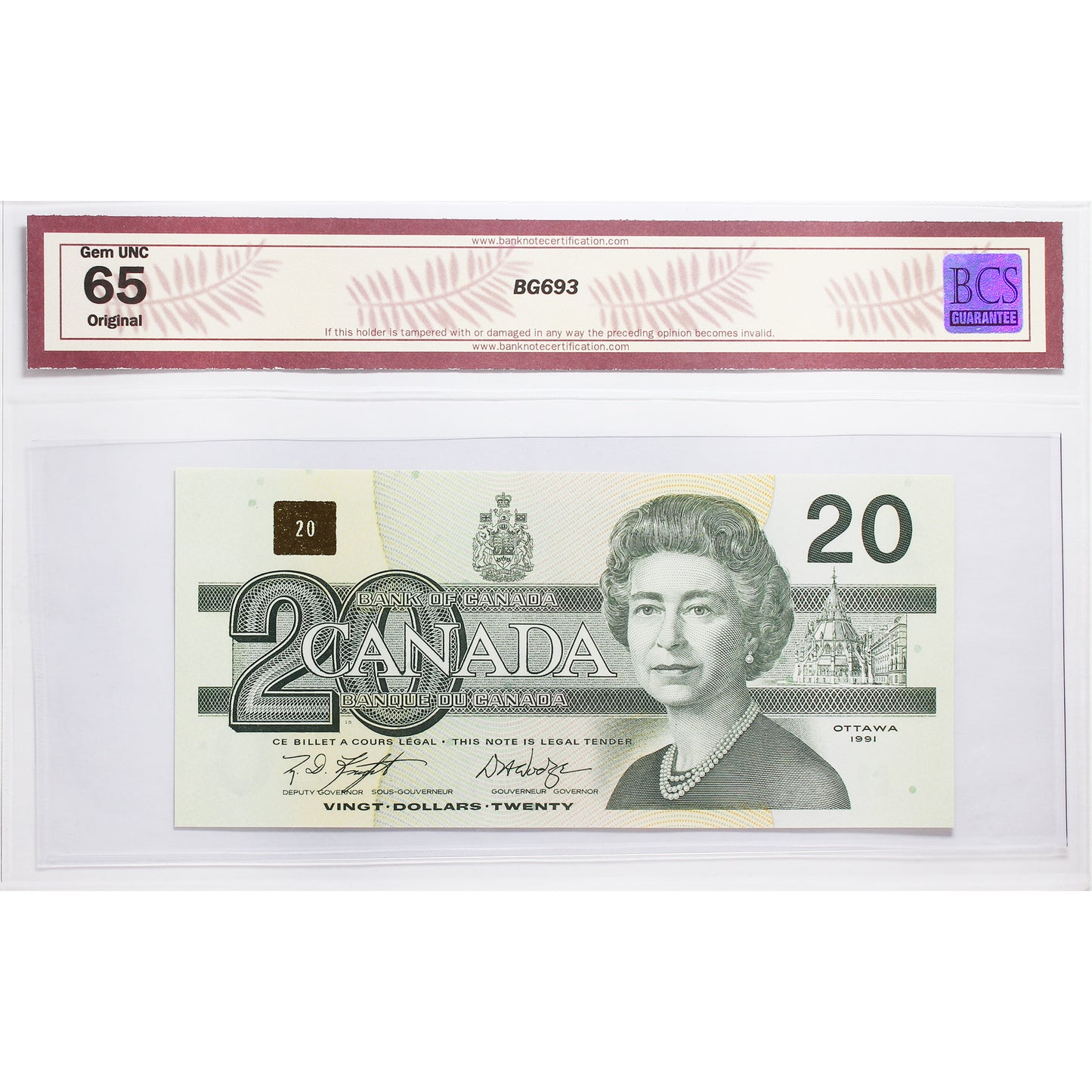 BC-58d 1991 Canada $20 Knight-Dodge, EWP BCS Certified GUNC65 Original