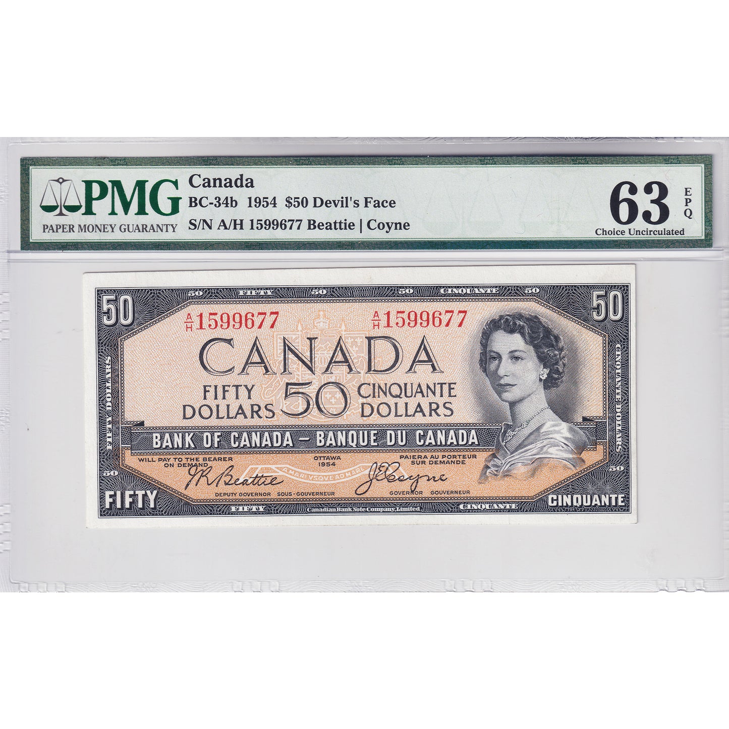 BC-34b 1954 Canada $50 Beattie-Coyne, Devil's Face, A/H PMG Certified CUNC63 EPQ