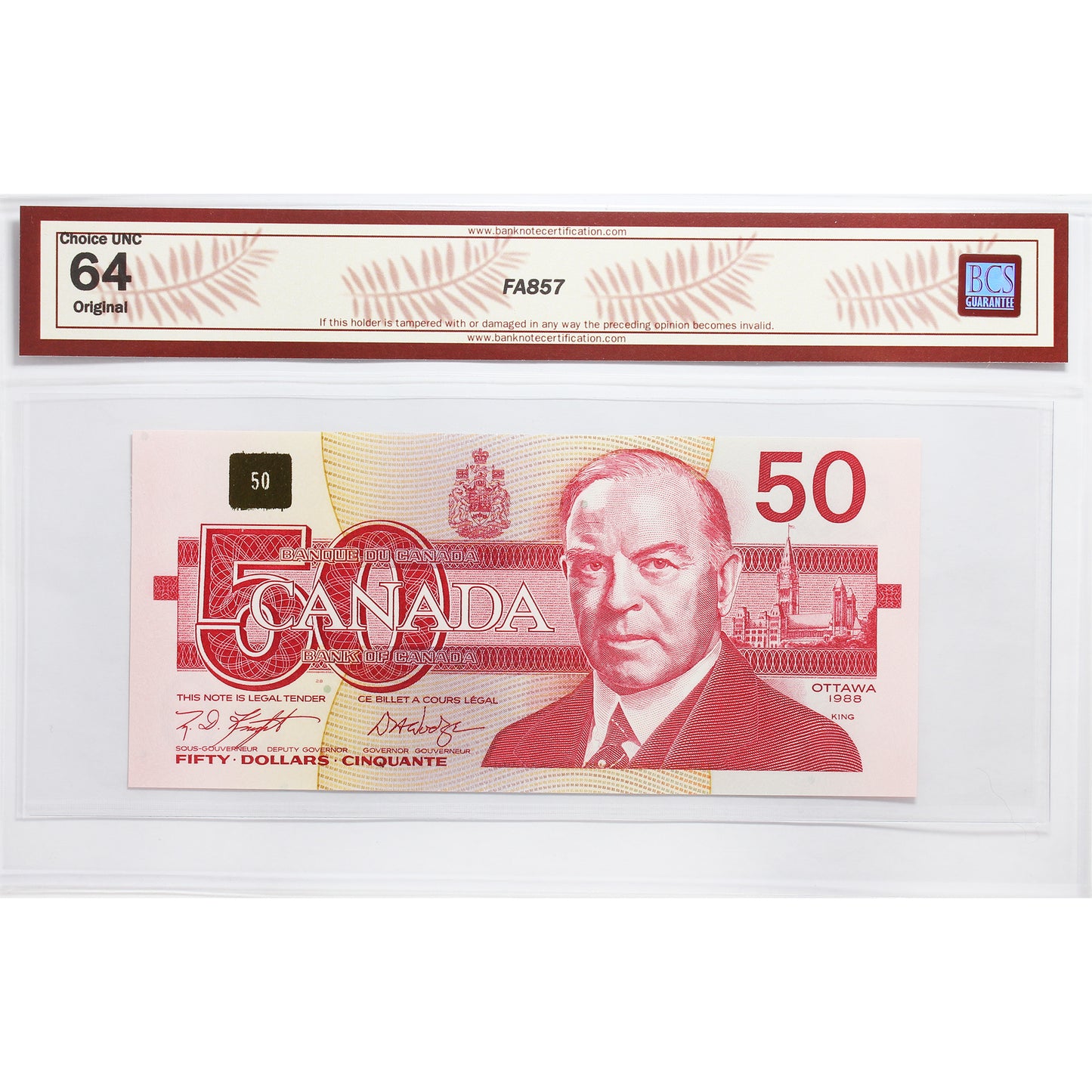 BC-59dA 1988 Canada $50 K-D, Replacement, FME (8.68M-9.00M) BCS Certified CUNC64 Orig.
