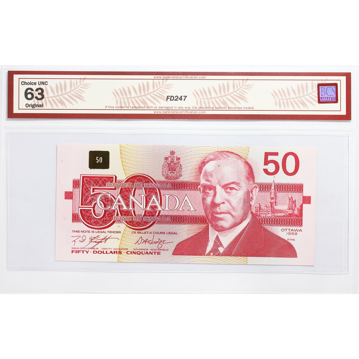 BC-59dA 1988 Canada $50 K-D, Replacement, FME (8.68M-9.00M) BCS Certified CUNC63 Orig.