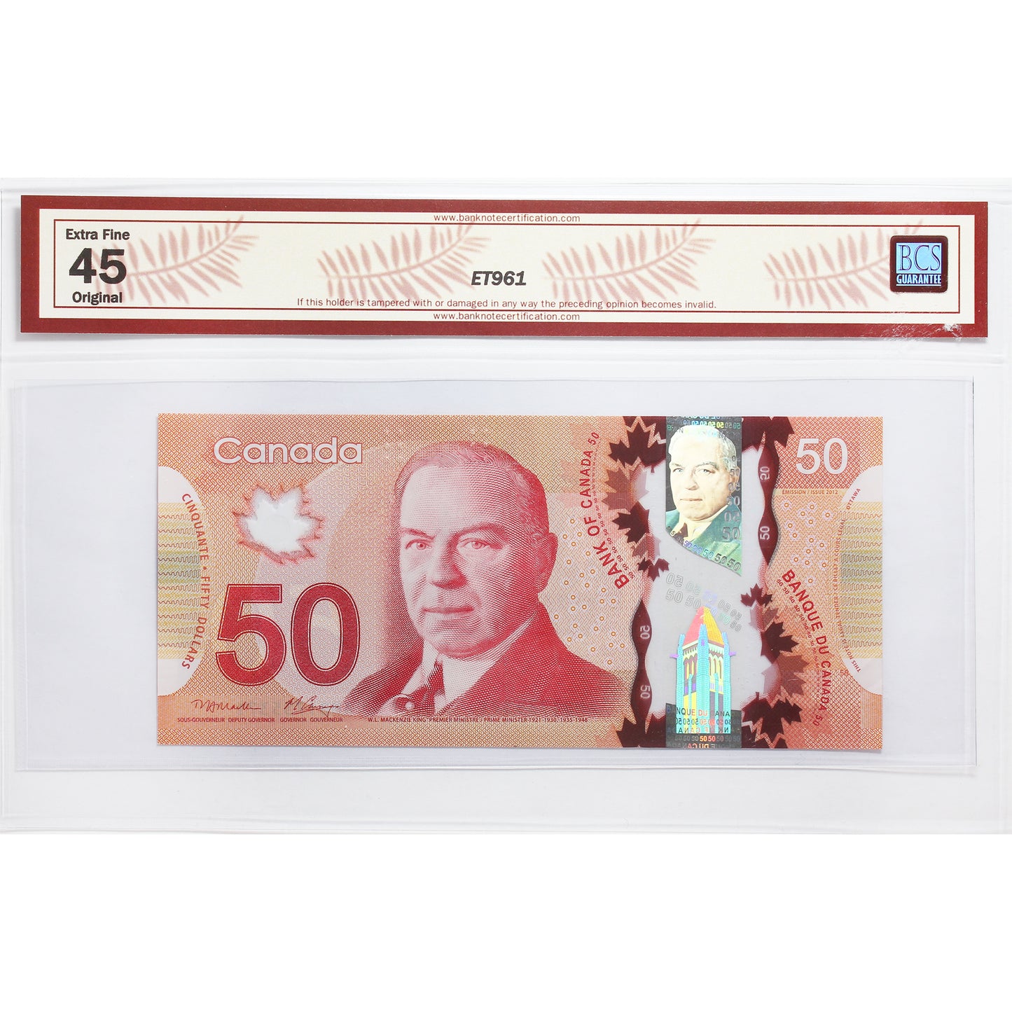BC-72a-N1-iii 2012 Canada $50 M-C, 4 Digit RADAR AMB1735371 BCS Certified EF45 Original