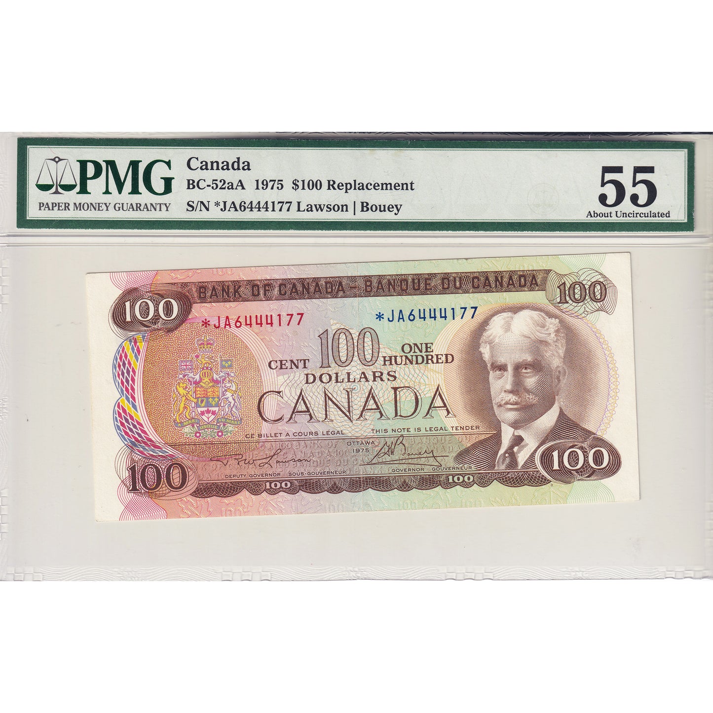 BC-52aA 1975 Canada $100 Lawson-Bouey, Replacement, *JA PMG Certified AU55