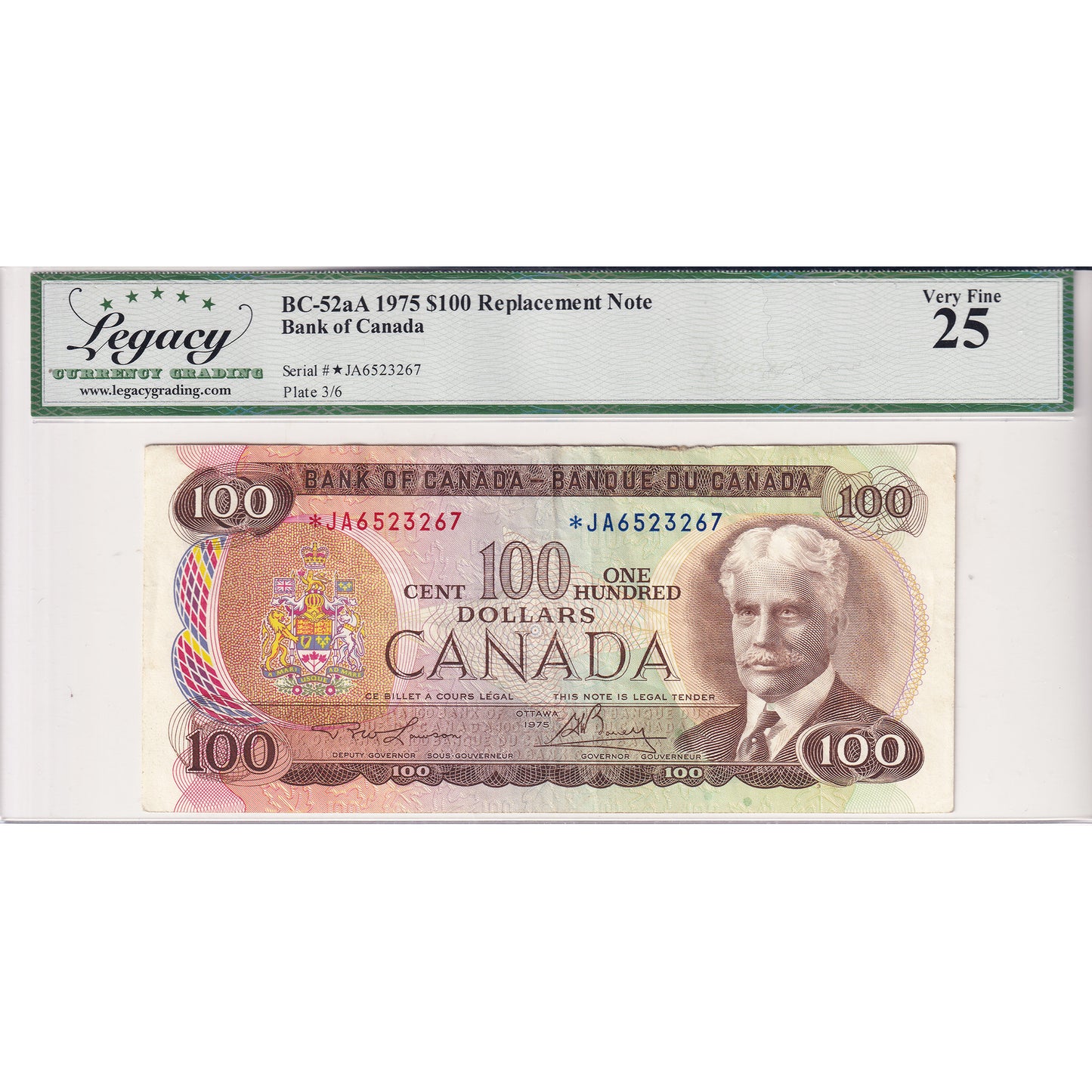 BC-52aA 1975 Canada $100 Lawson-Bouey, Replacement, *JA Legacy Certified VF25