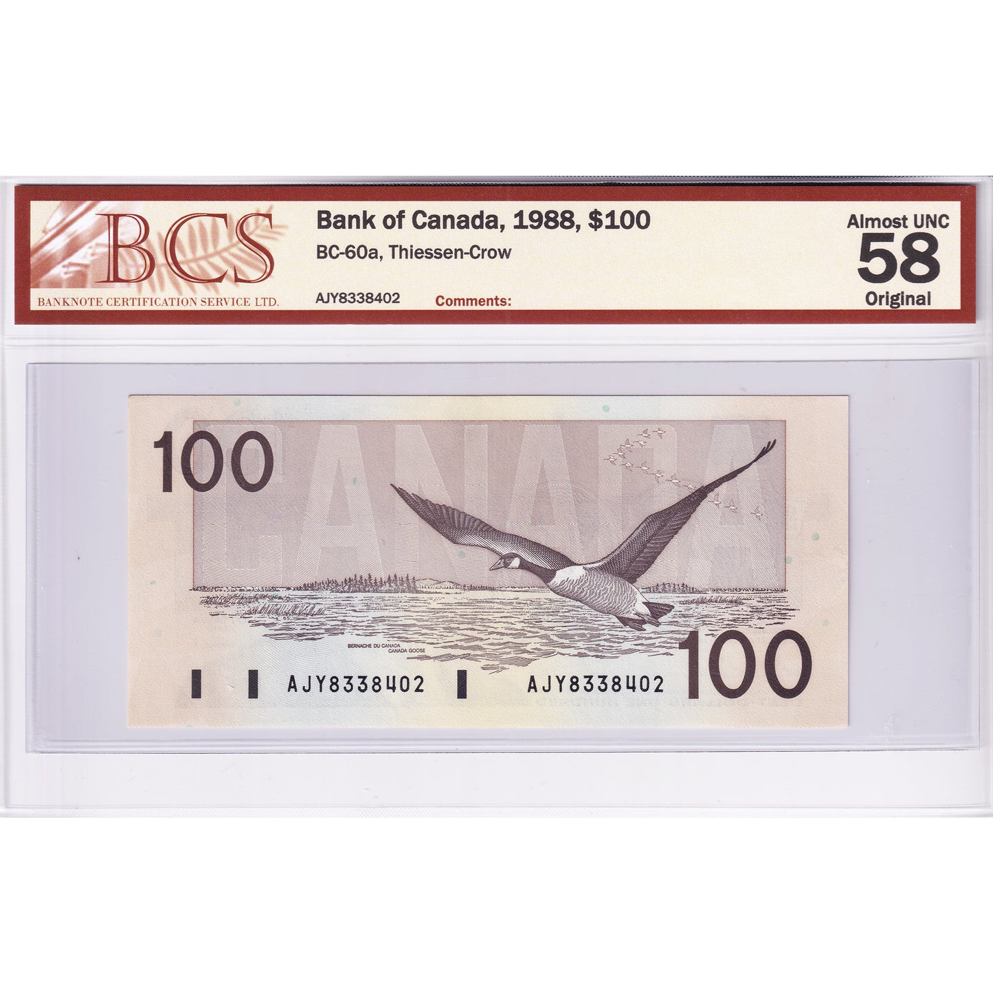 BC-60a 1988 Canada $100 Thiessen-Crow, AJY BCS Certified AU58 Original