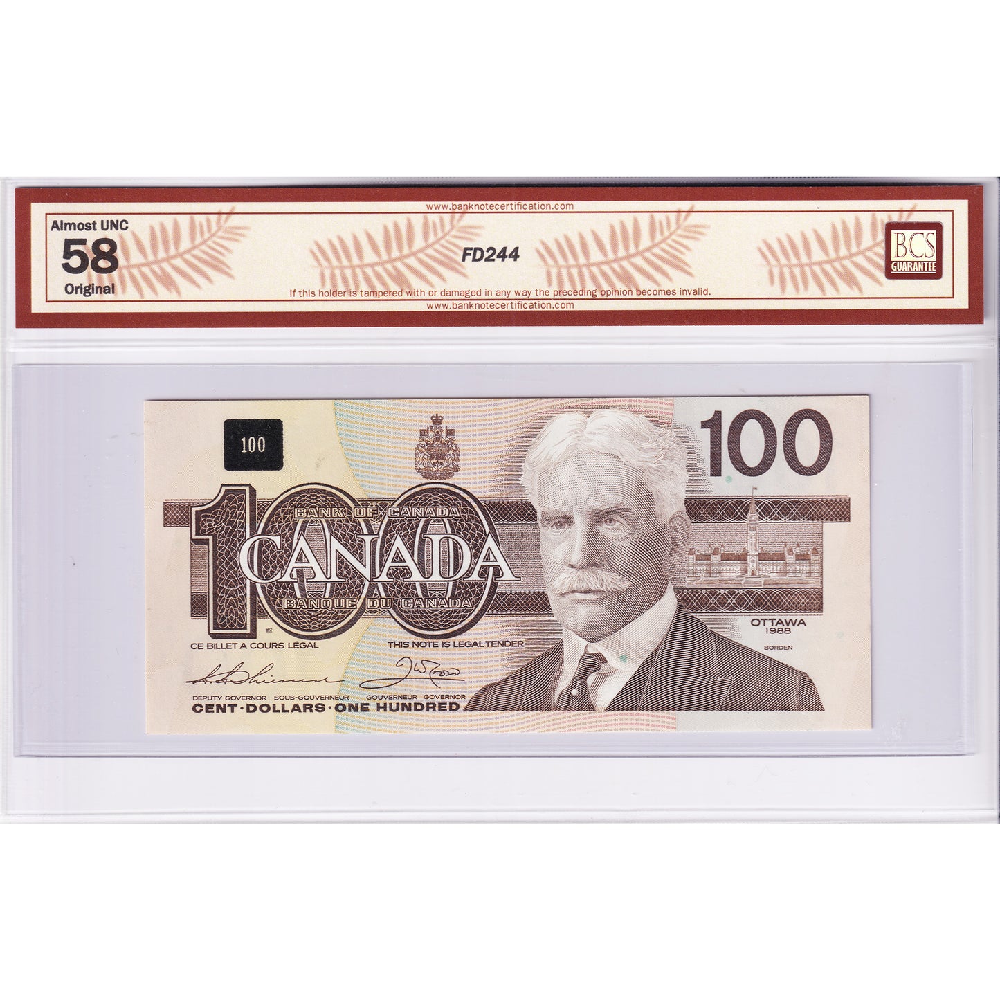 BC-60a 1988 Canada $100 Thiessen-Crow, AJY BCS Certified AU58 Original