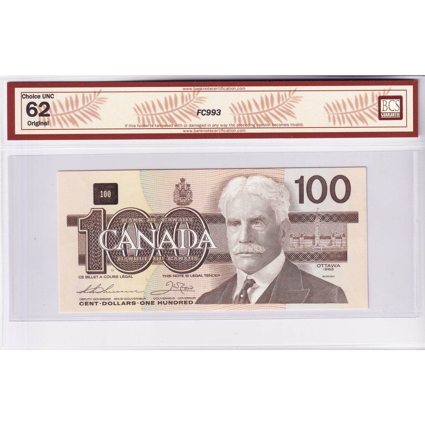 BC-60aA 1988 Canada $100 T-C, Hidden BPN, Replacement, AJX BCS Certified CUNC62 Original
