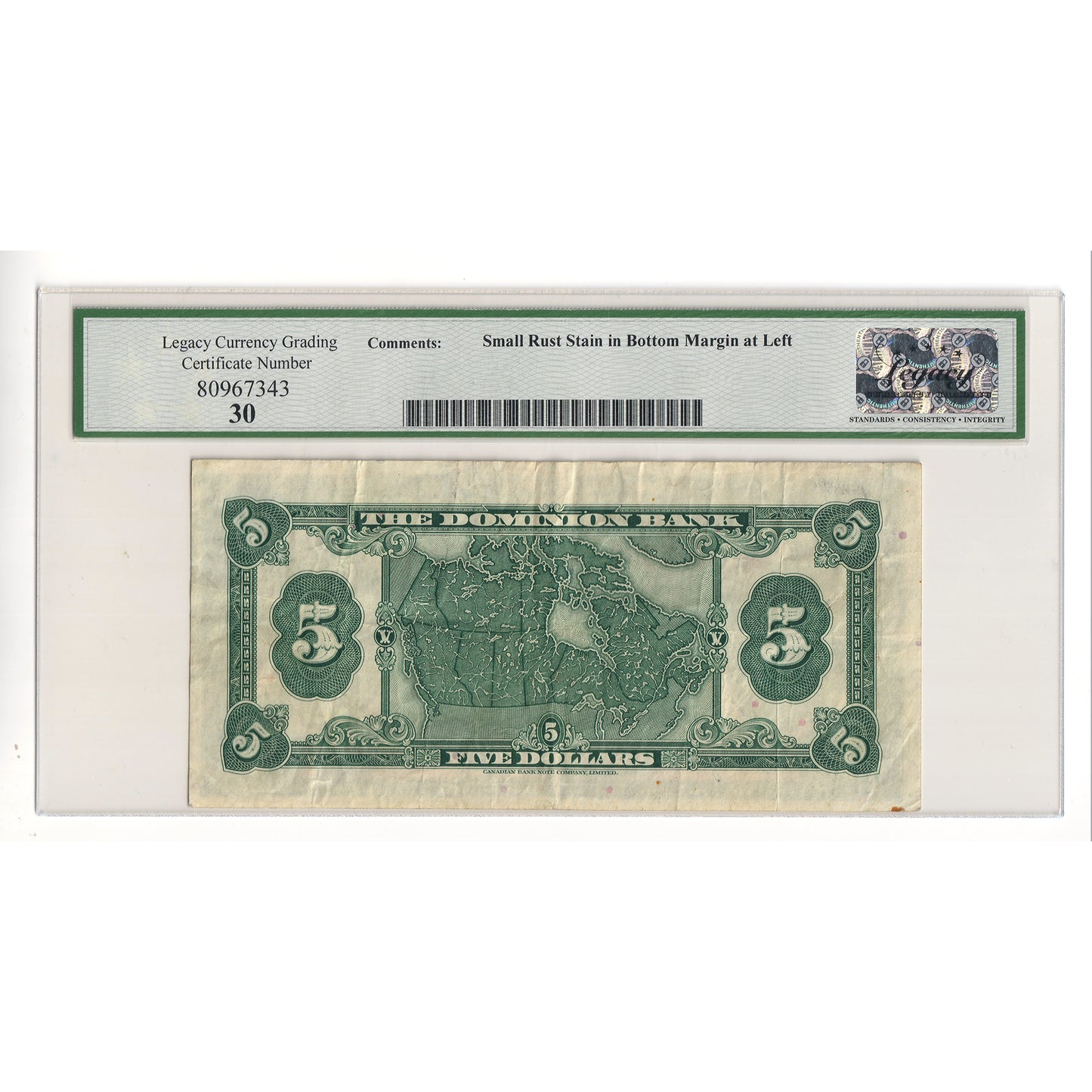 220-26-02 1935 Dominion Bank $5 Dawson-Carlisle, Legacy Certified VF30