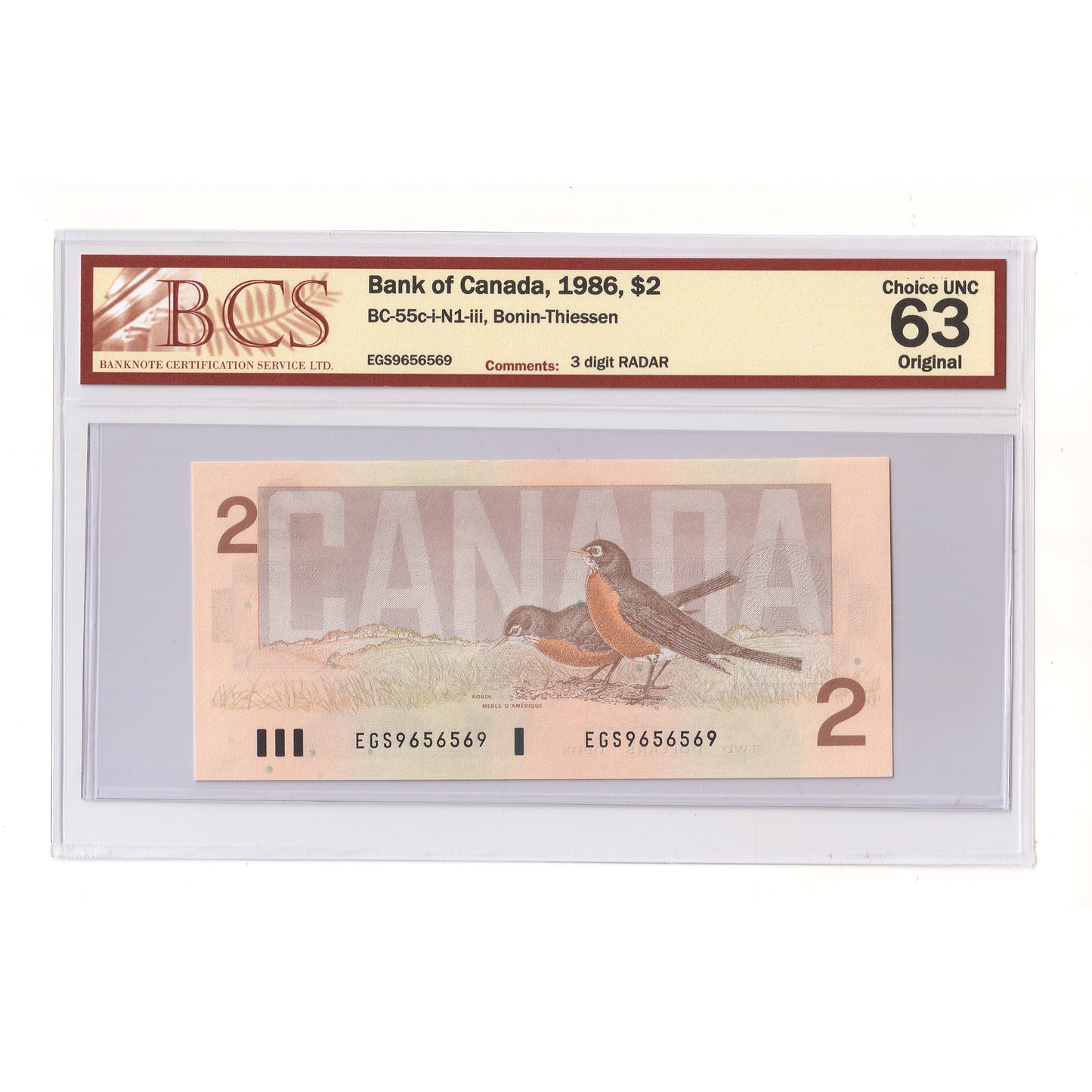BC-55c-i-N1-iii 1986 Canada $2 B-T, 3 Digit RADAR EGS9656569 BCS Cert CUNC63 Original