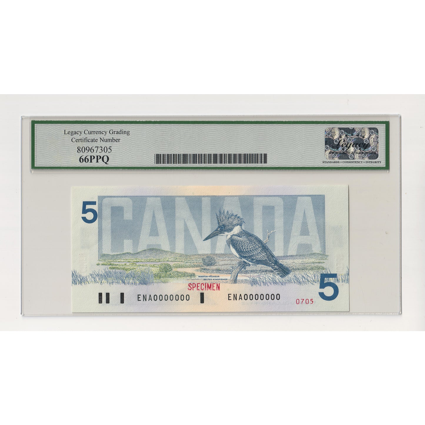 BC-56aS 1986 Canada $5 Crow-Bouey, Specimen 0705, ENA Legacy Certified GUNC66 PPQ