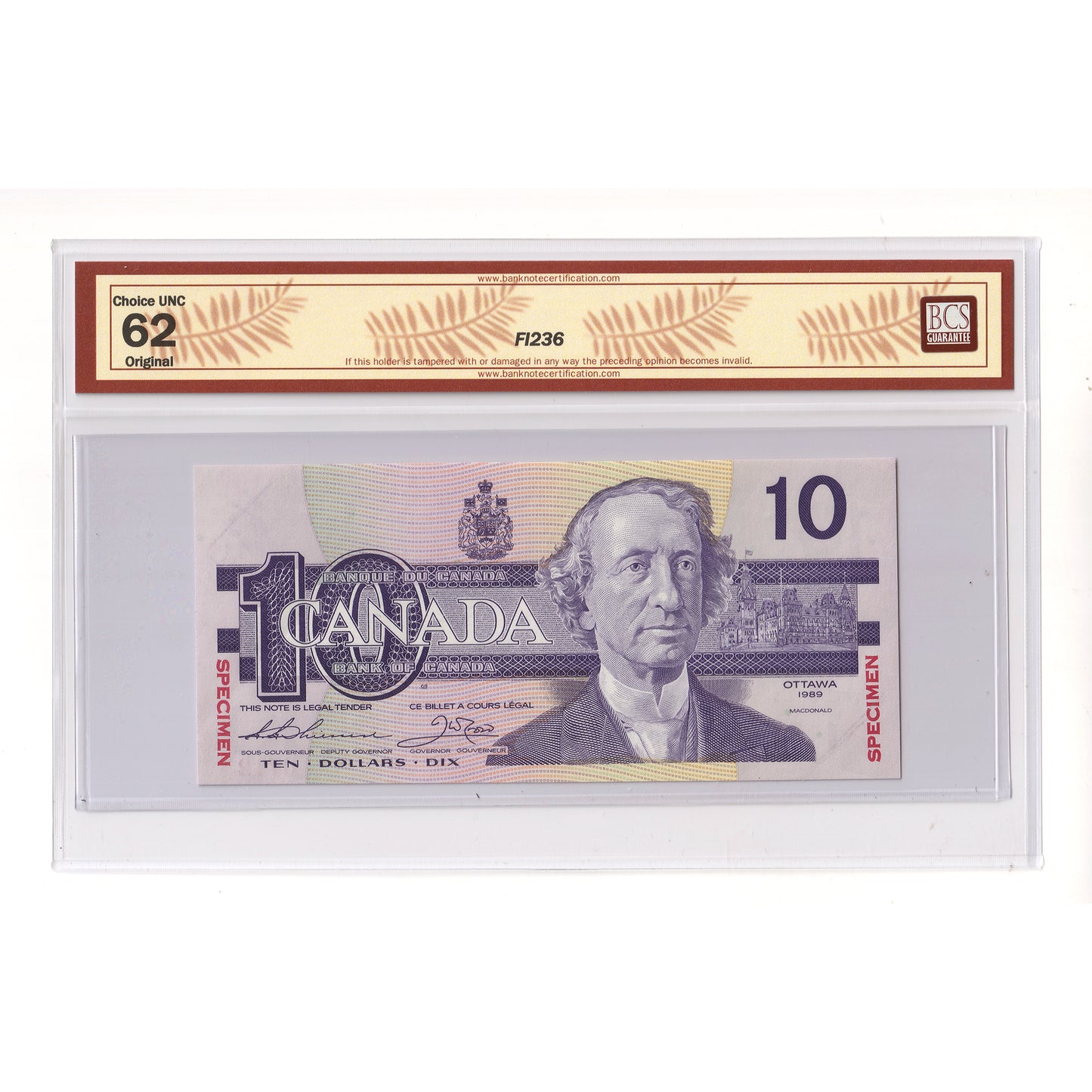 BC-57aS 1989 Canada $10 Thiessen-Crow, Specimen 0712, ADA BCS Certified CUNC62 Original