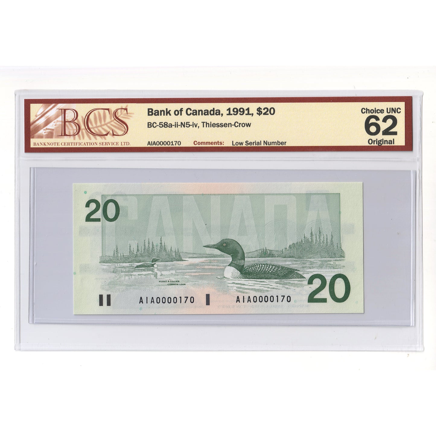 BC-58a-ii-N5-iv 1991 Canada $20 T-C, Low Serial #AIA0000170 BCS Certified CUNC62 Original