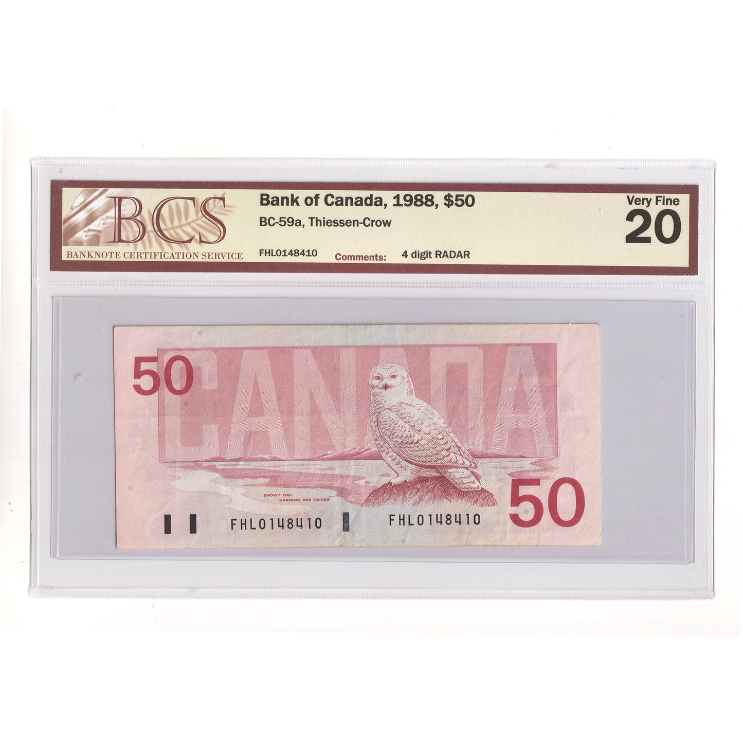 BC-59a 1988 Canada $50 Thiessen-Crow, 4 Digit RADAR FHL0148410 BCS Certified VF20