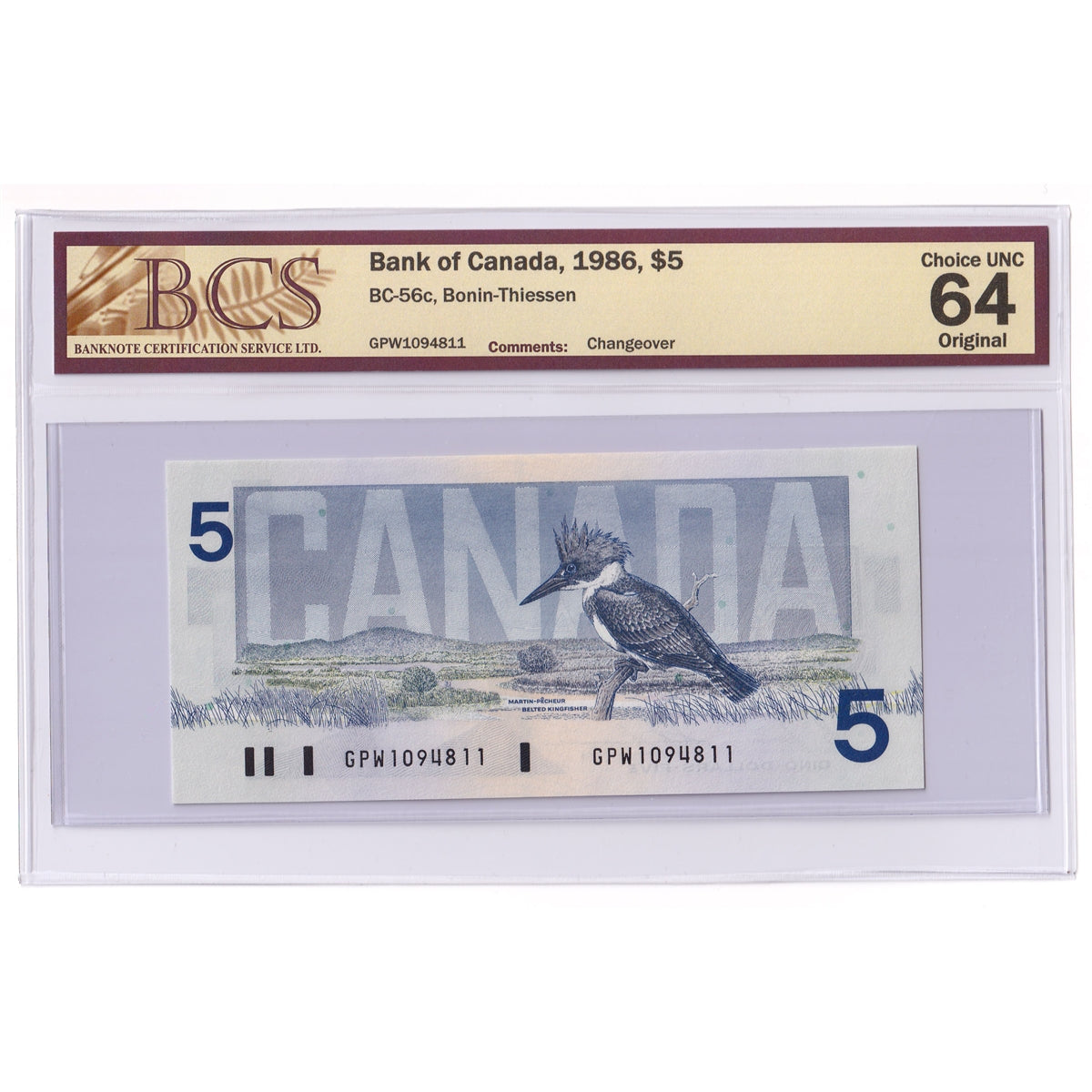 BC-56c 1986 Canada $5 Bonin-Thiessen, Changeover, GPW BCS Certified CUNC64 Original