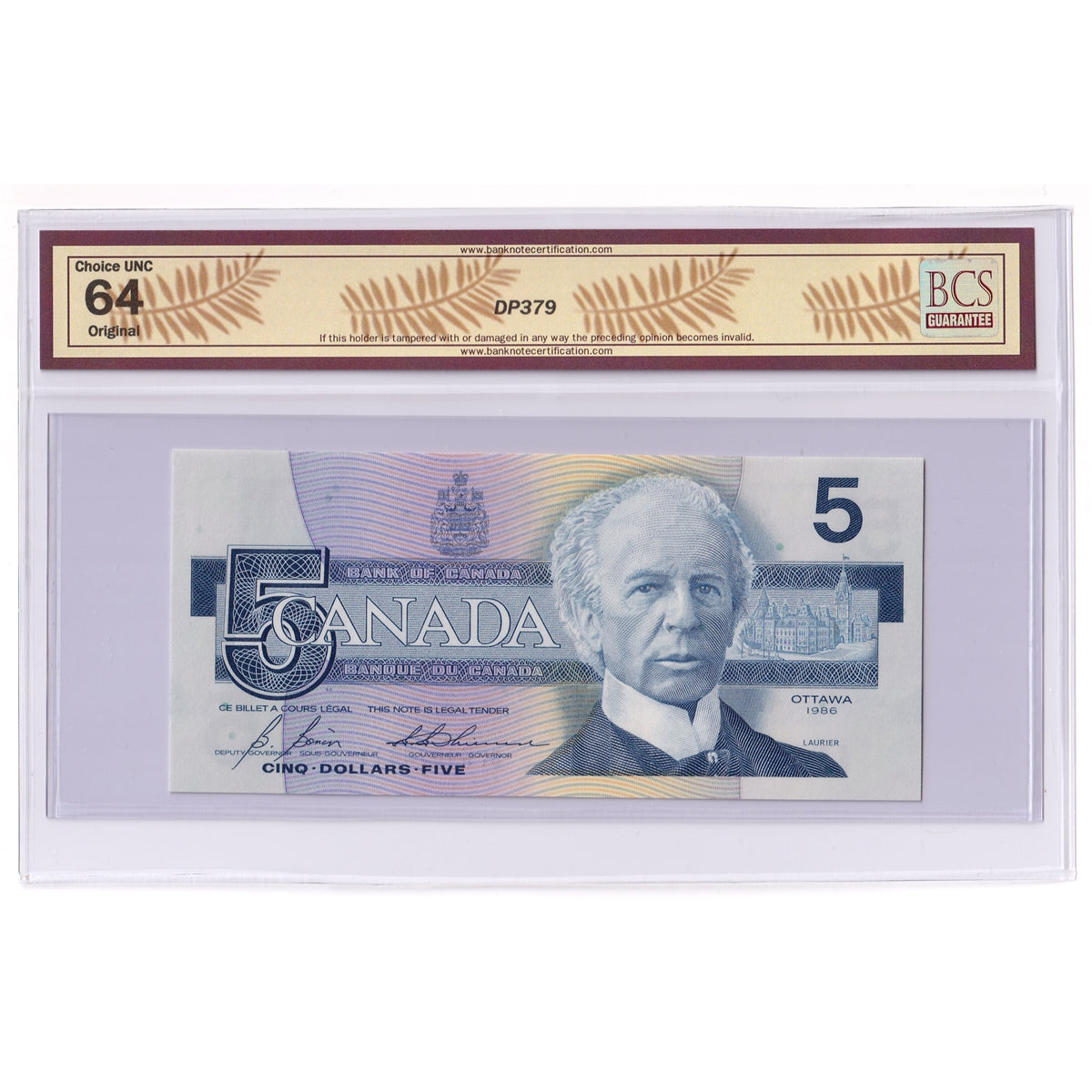 BC-56c 1986 Canada $5 Bonin-Thiessen, Changeover, GPW BCS Certified CUNC64 Original