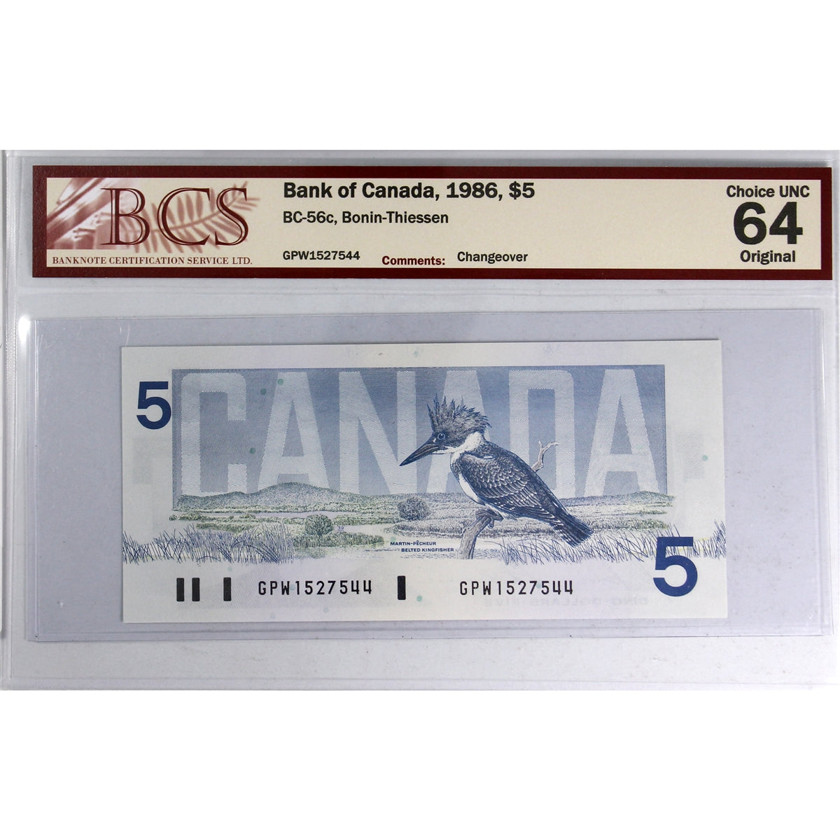 BC-56c 1986 Canada $5 Bonin-Thiessen, Changeover, GPW BCS Certified CUNC64 Original