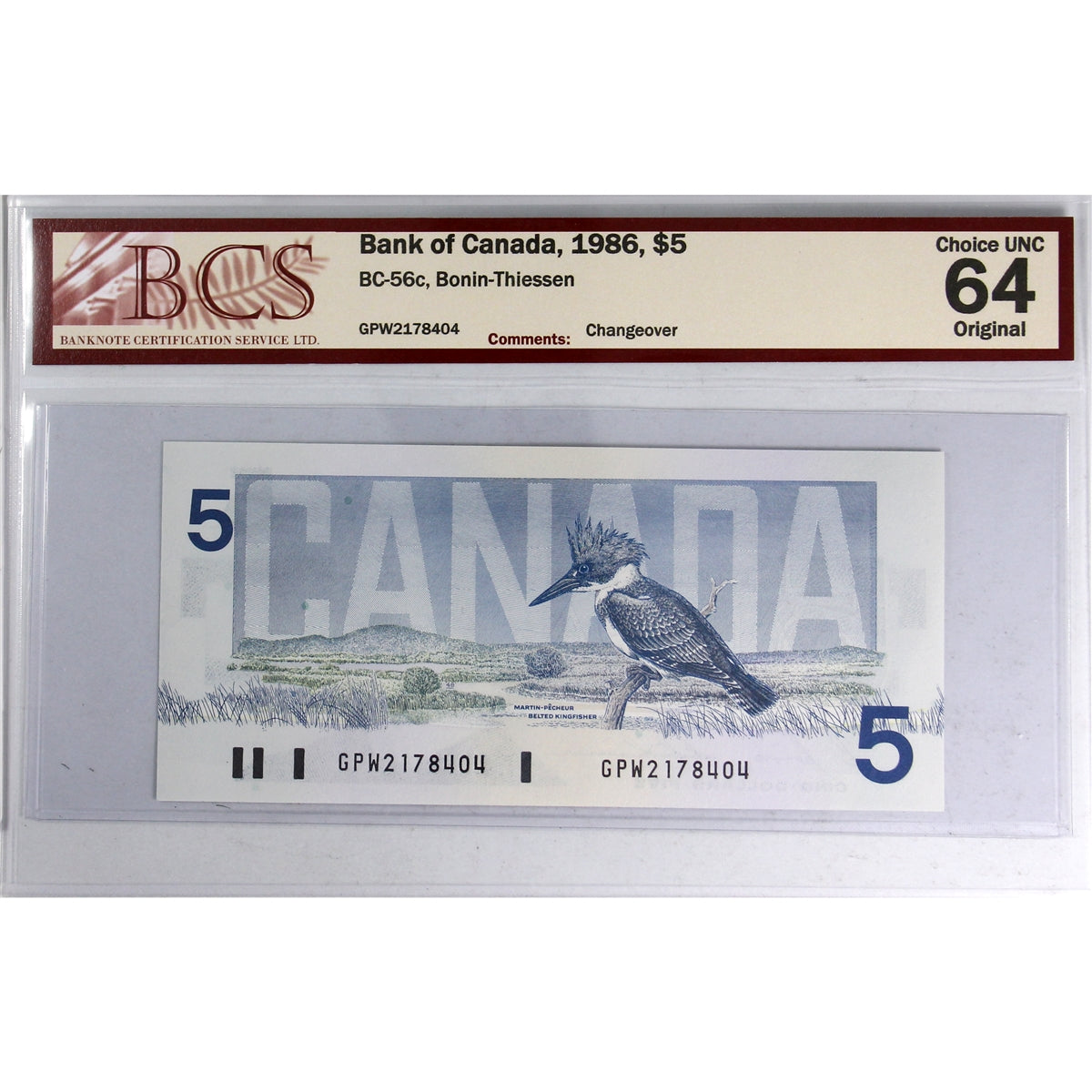 BC-56c 1986 Canada $5 Bonin-Thiessen, Changeover, GPW BCS Certified CUNC64 Original