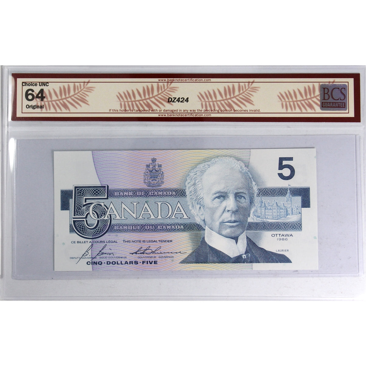 BC-56c 1986 Canada $5 Bonin-Thiessen, Changeover, GPW BCS Certified CUNC64 Original